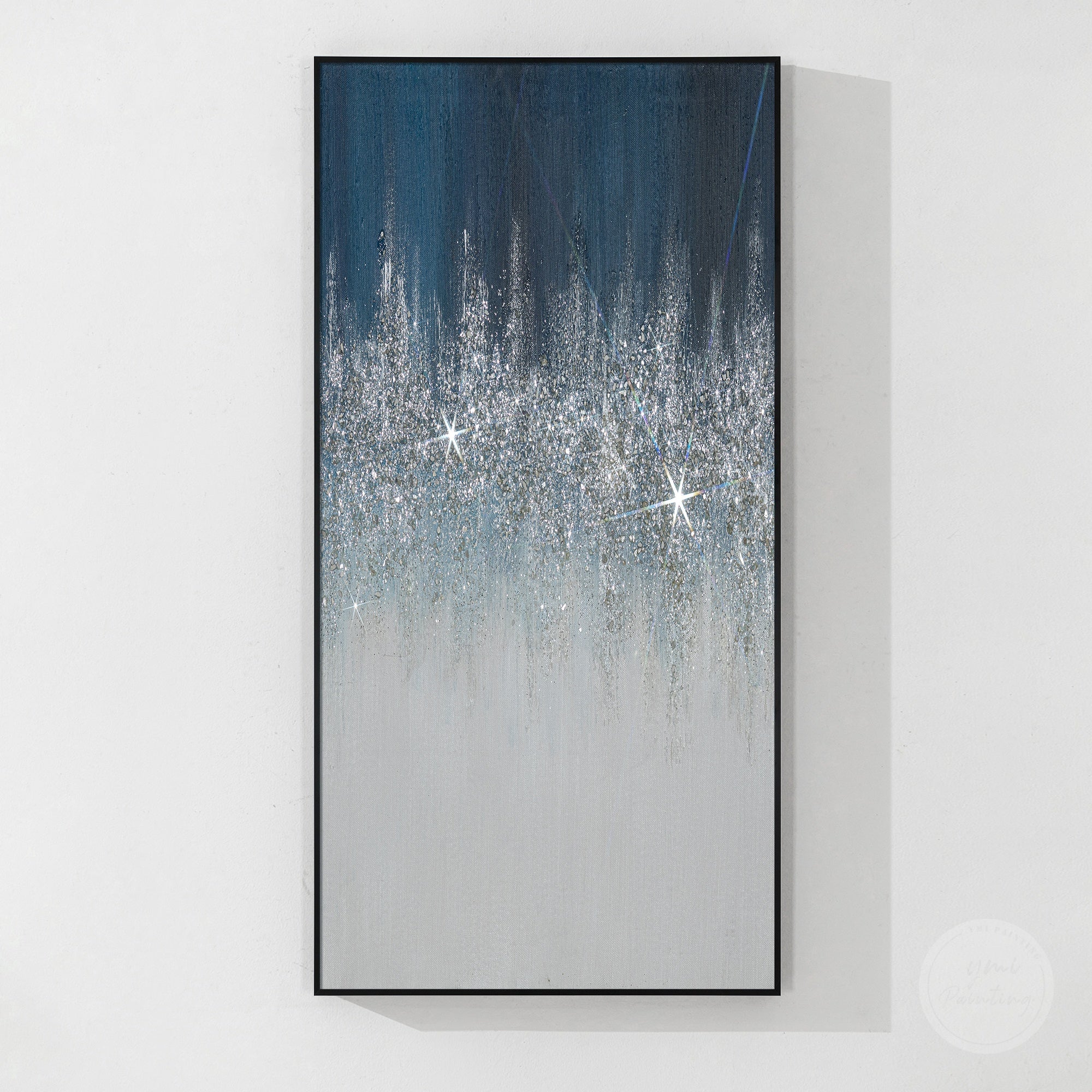 Unique navy glitter painting with shimmering silver highlights, textured surface, and contemporary home decoration
