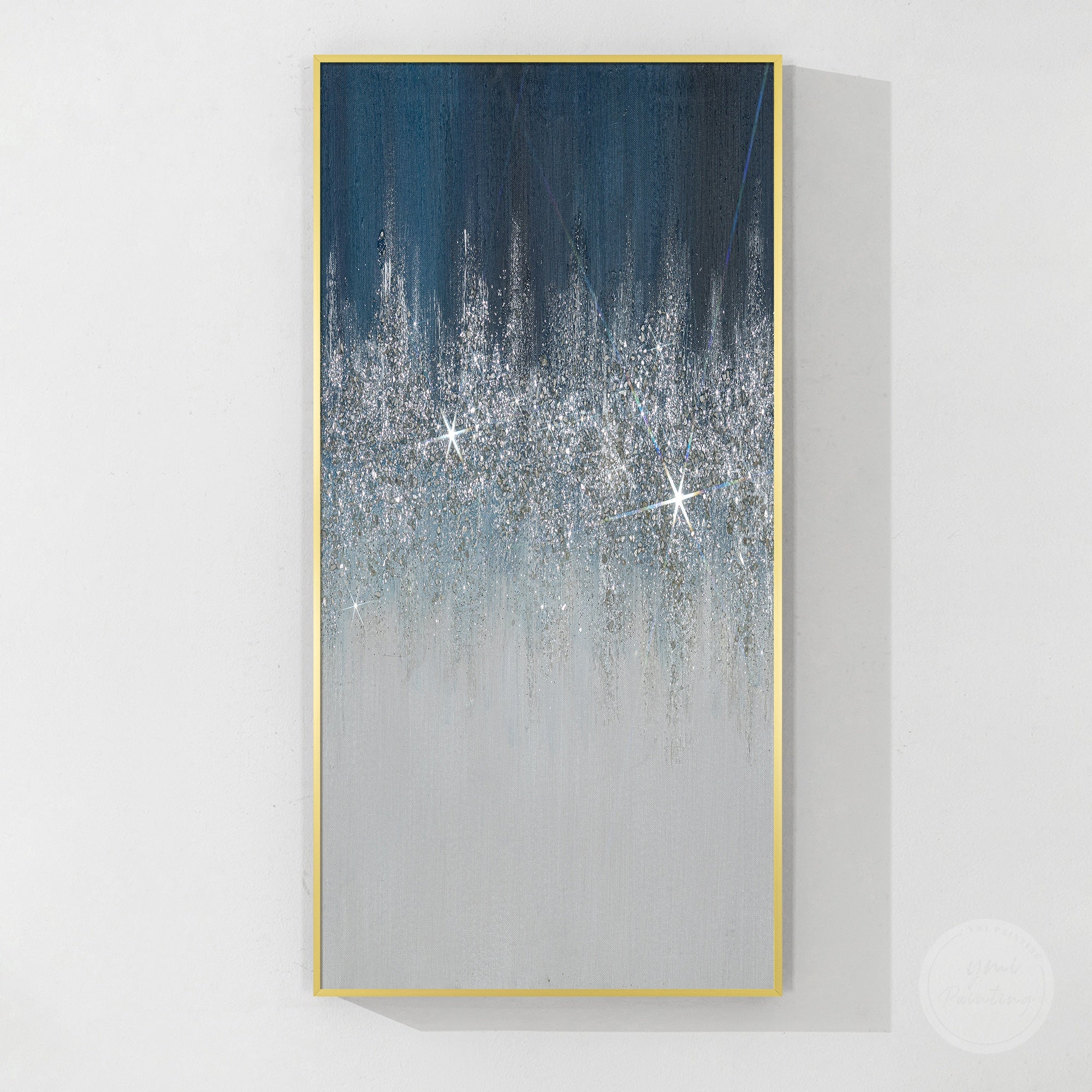 Unique navy glitter painting with shimmering silver highlights, textured surface, and contemporary home decoration