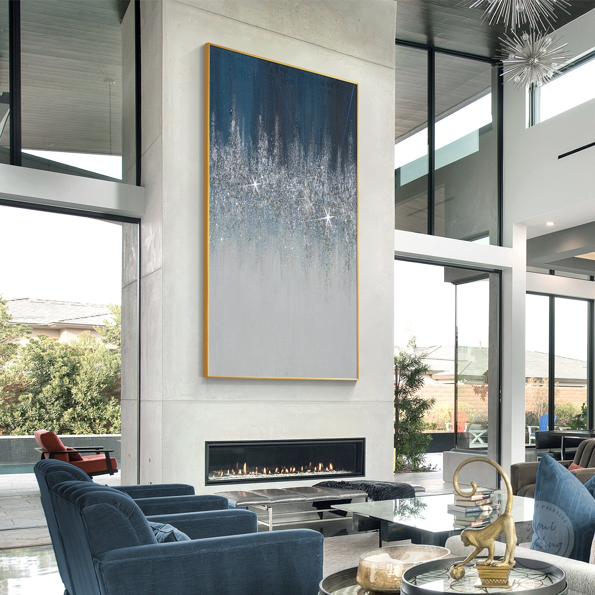 Luxury navy and silver wall art painting with reflective glitter texture for contemporary home decoration
