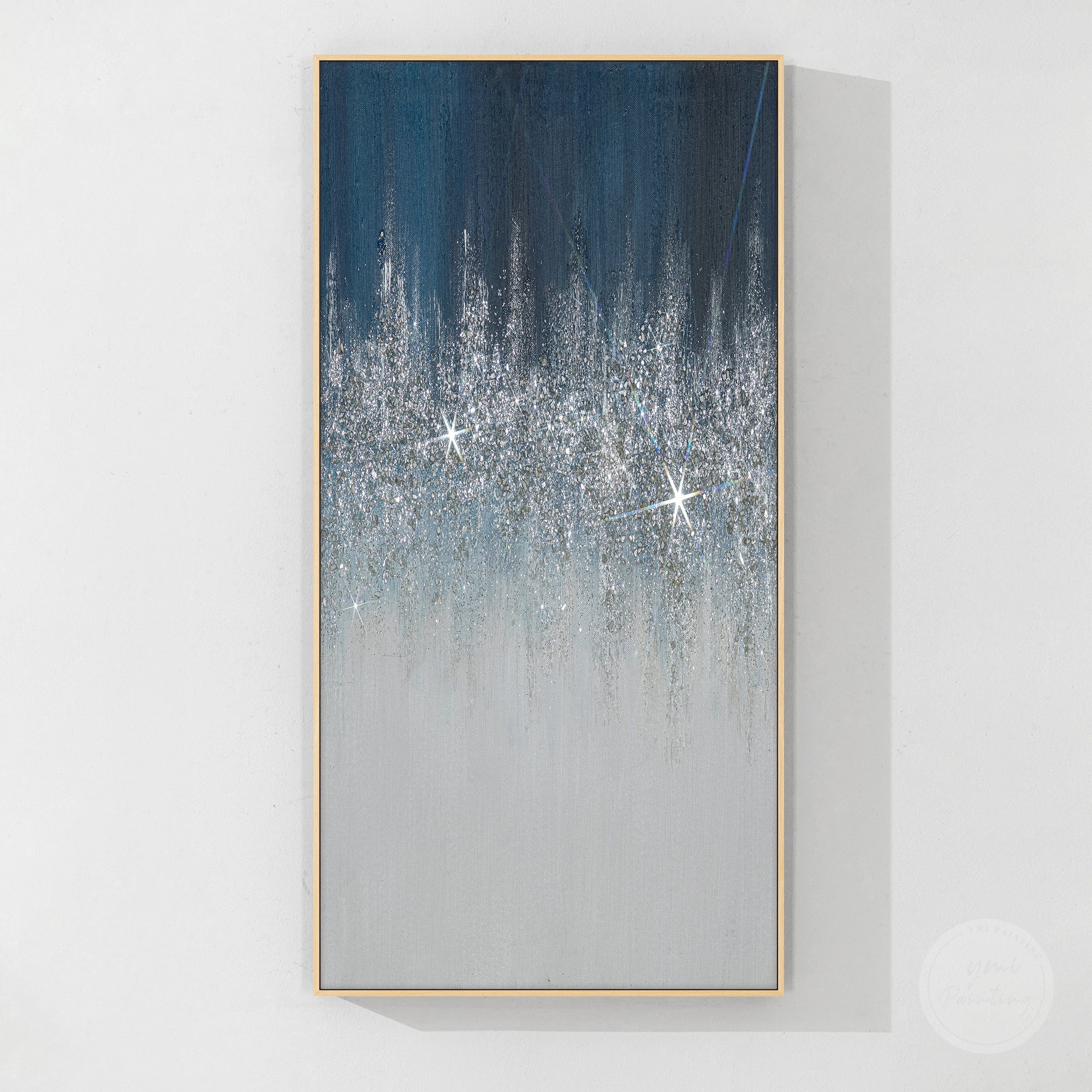 Unique navy glitter painting with shimmering silver highlights, textured surface, and contemporary home decoration