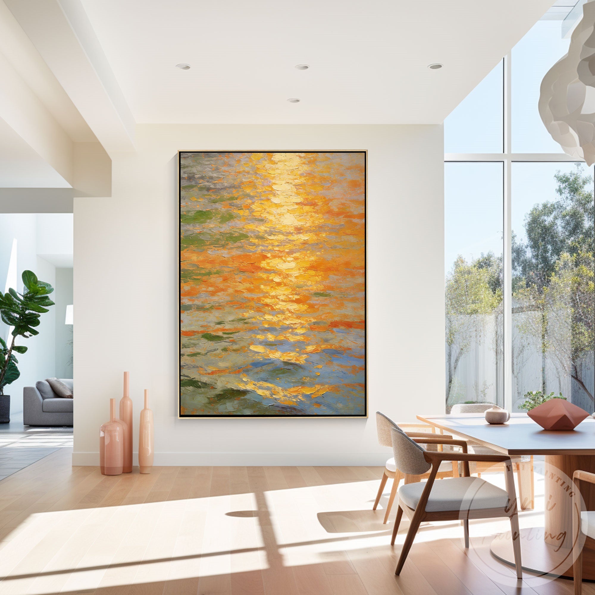 Handmade gold orange ocean wall art modern canvas decor