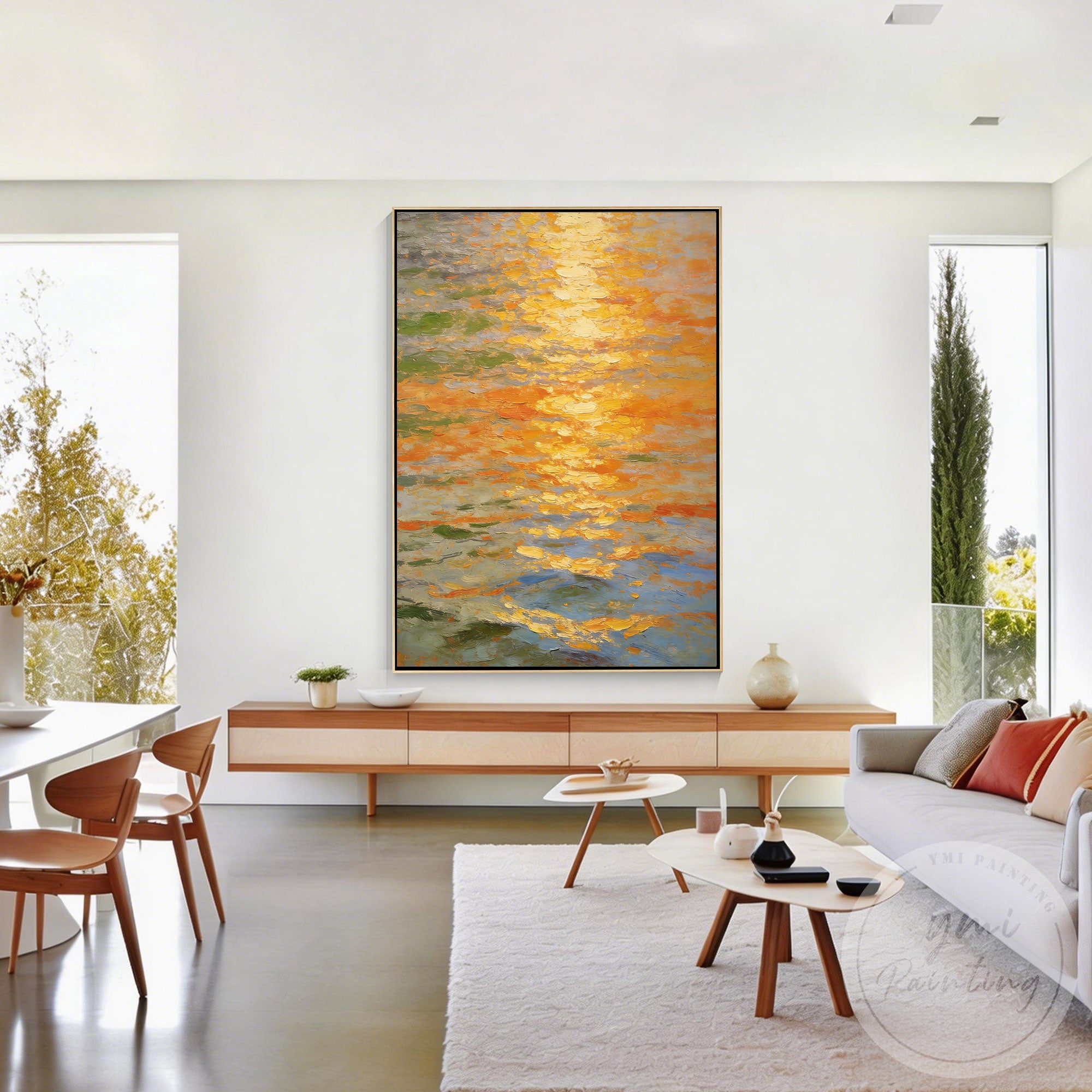 Contemporary ocean sunset wall decor gold orange artwork