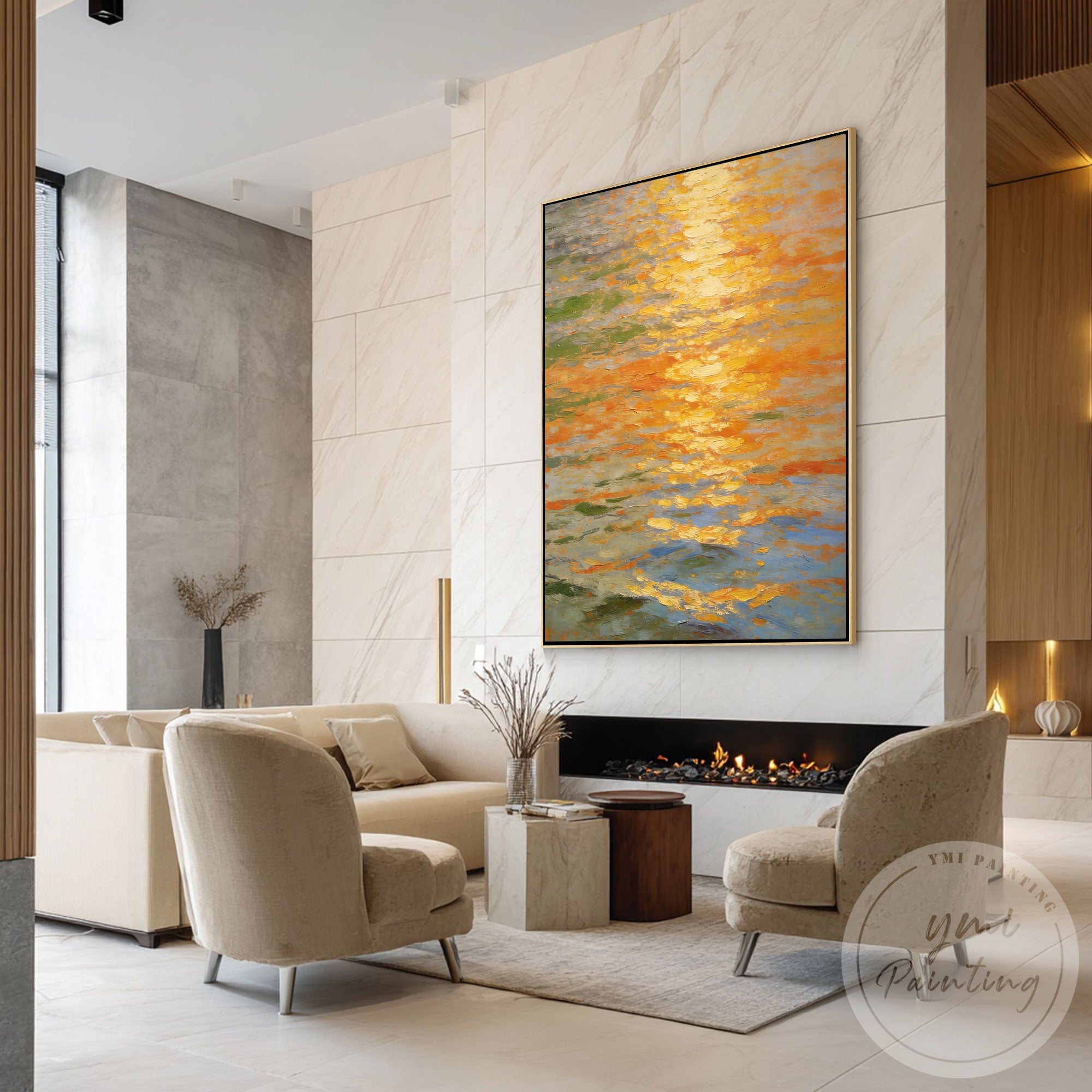 Modern handmade sunset reflection canvas painting for home
