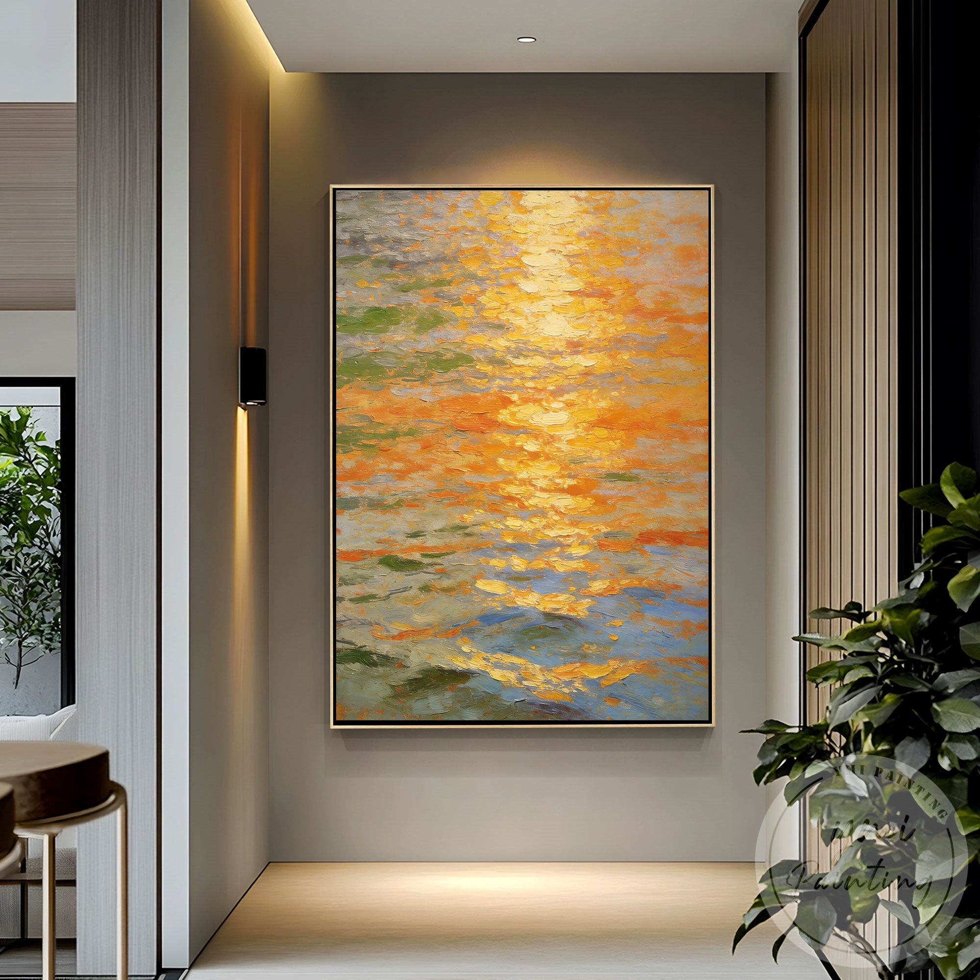 Palette knife ocean artwork with warm sunset colors design