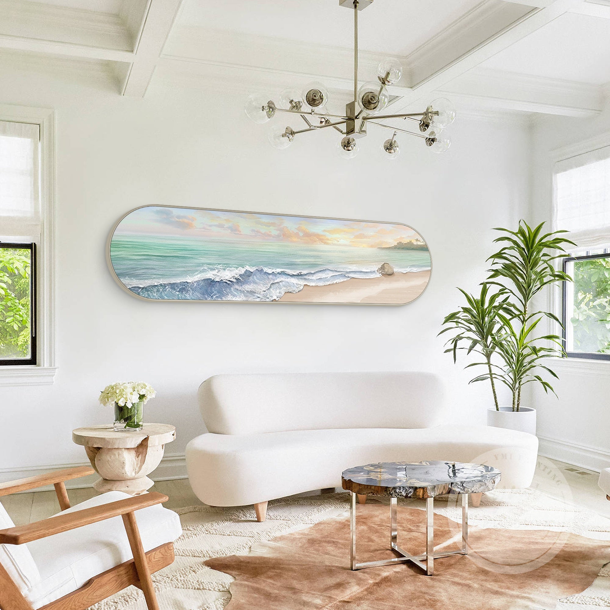 Serene coastal painting with soft waves and pastel sky.