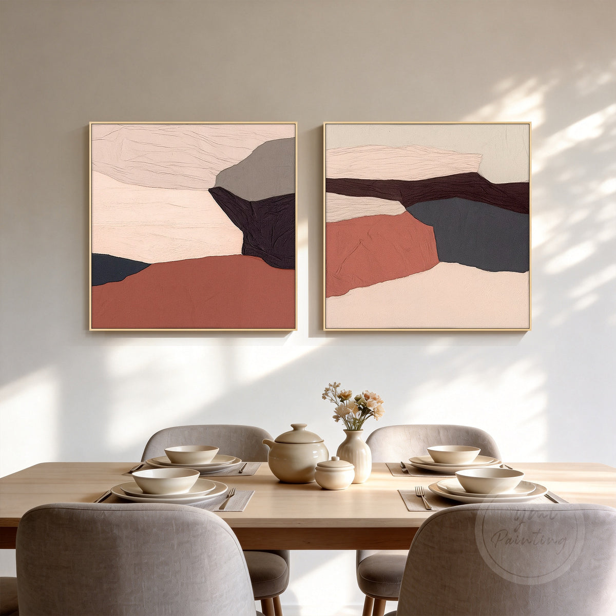Terracotta abstract wall art set of 2 displayed in a modern living room.