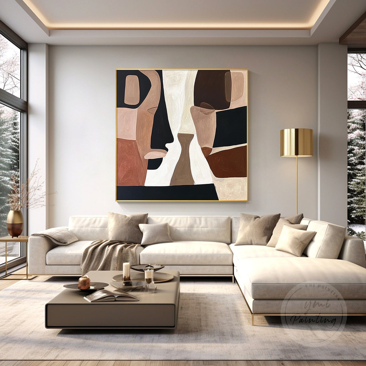 Terracotta and black abstract face wall art color block painting on canvas