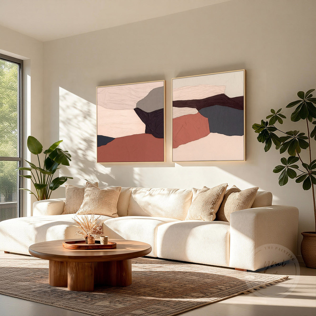 Side view of terracotta abstract painting pair showing canvas depth and texture.