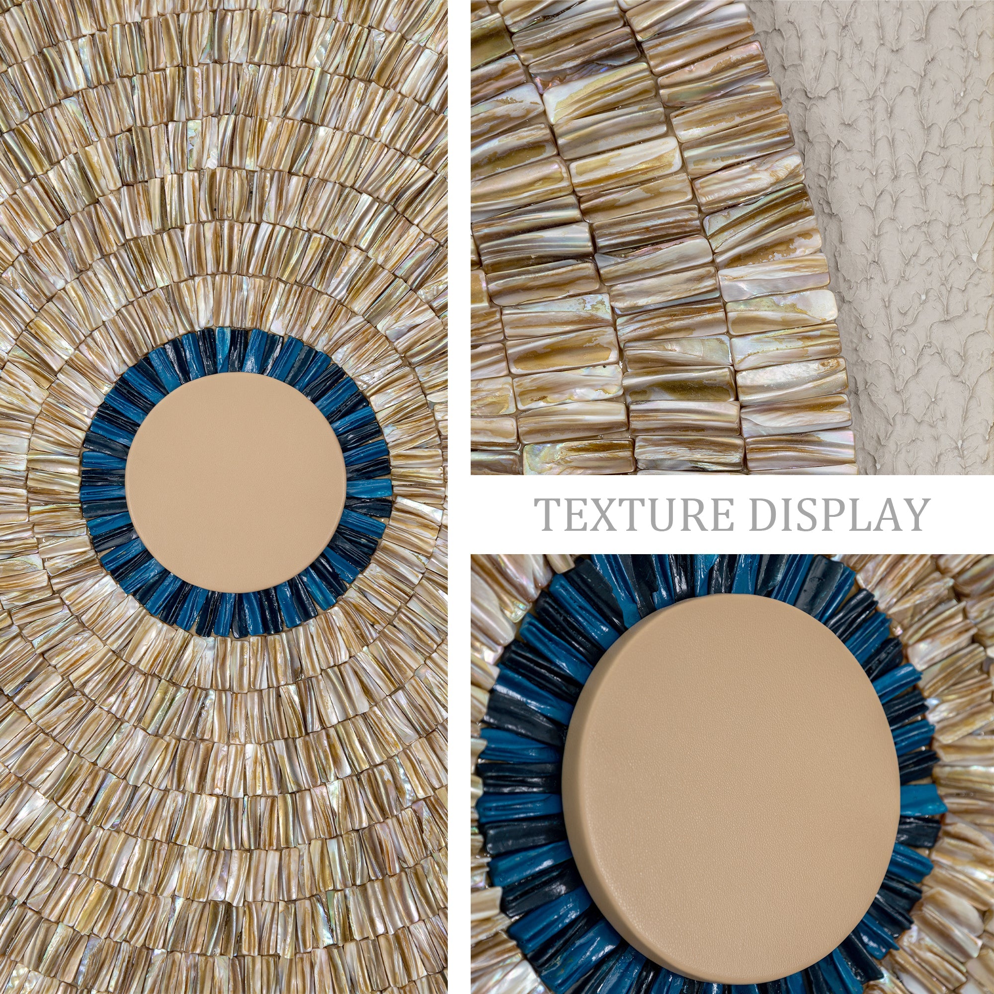 Minimalist wall art made from oyster shells in a circular design with beige and blue hues.