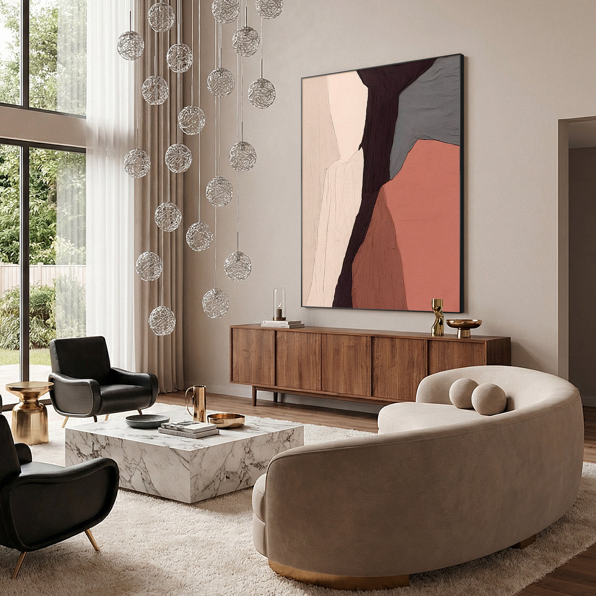 Hand-painted terracotta abstract textured wall art, full front view