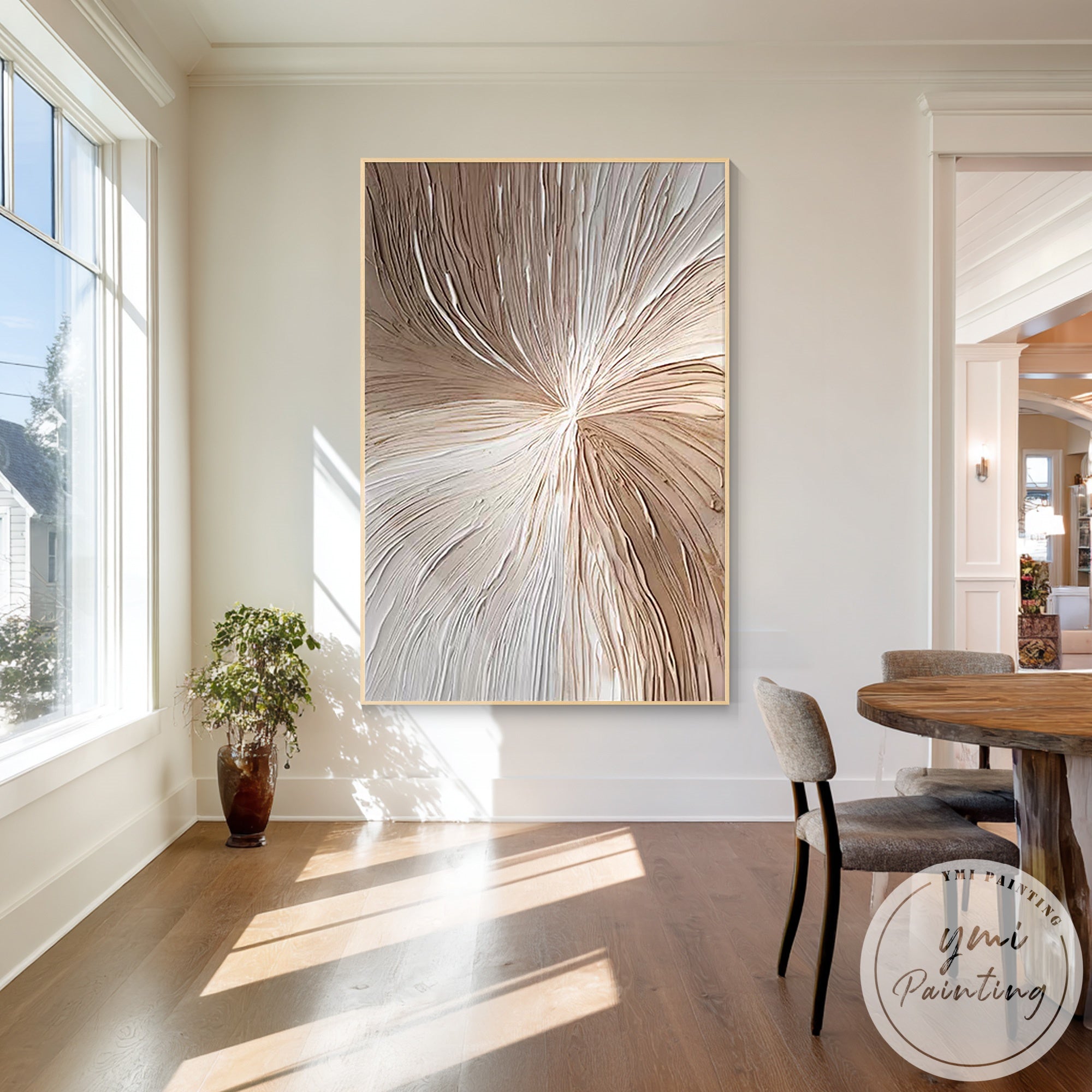 Hand-painted neutral beige and white textured wave wall painting