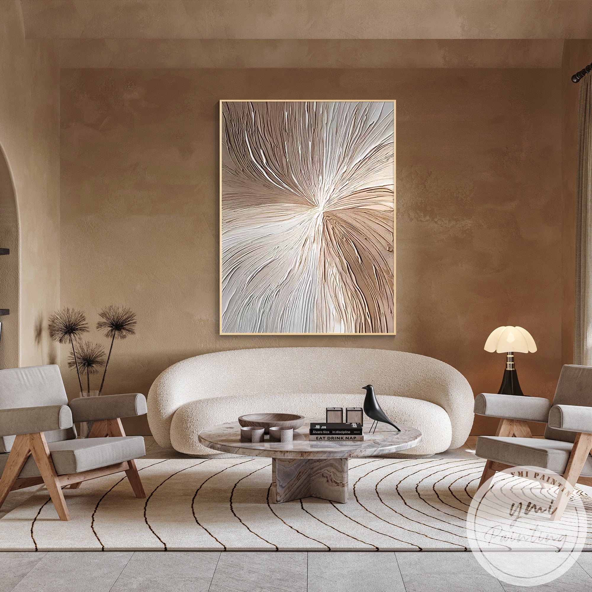 Modern neutral abstract painting with soft wave-like texture design