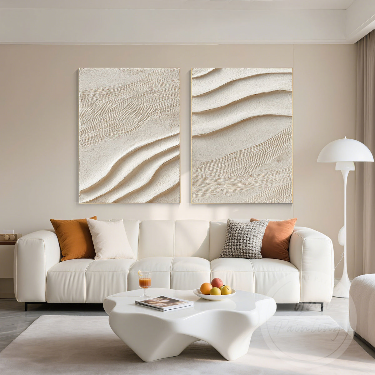 3D sand wave wall art set with beige textured plaster panels