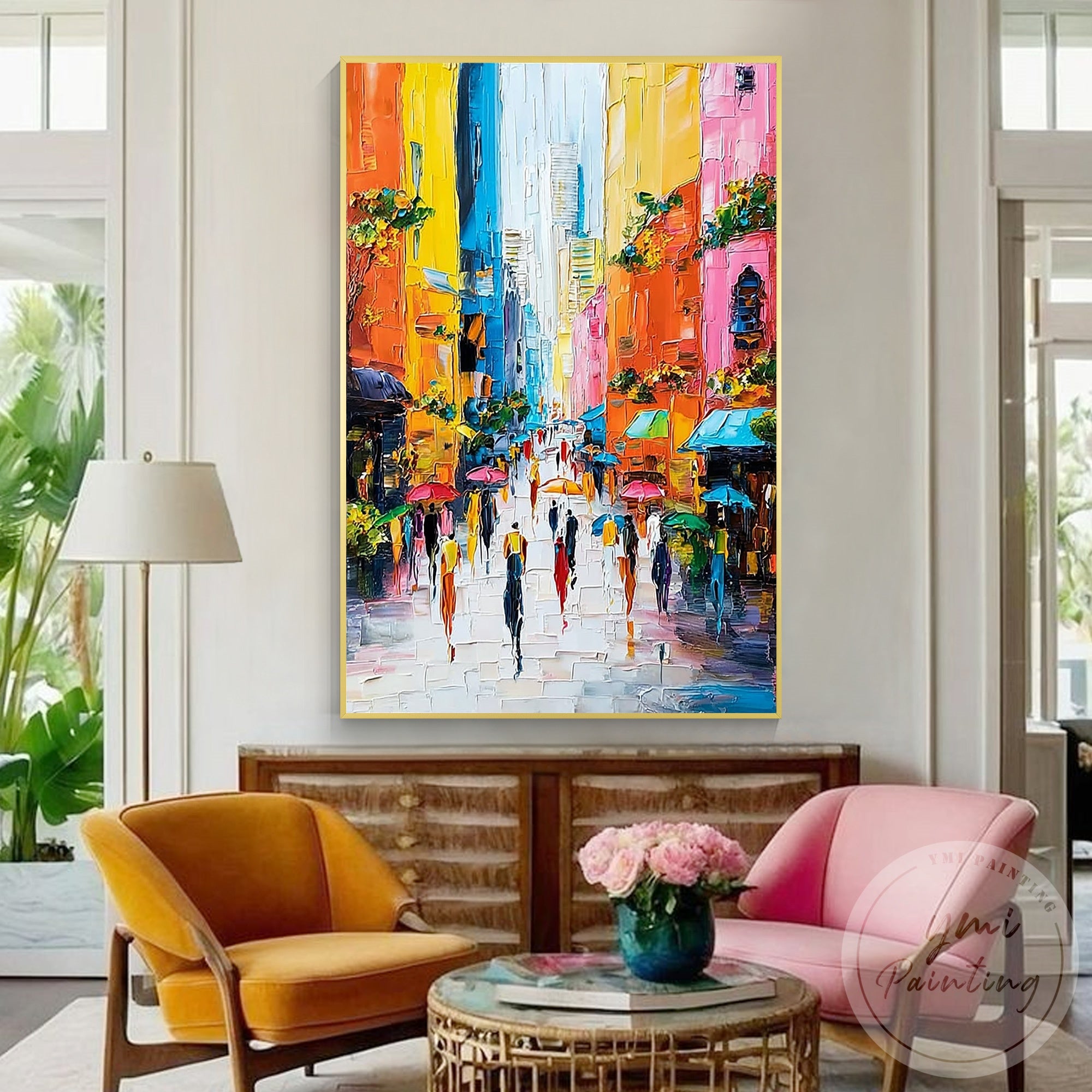 Palette knife acrylic Italy village wall art modern decor