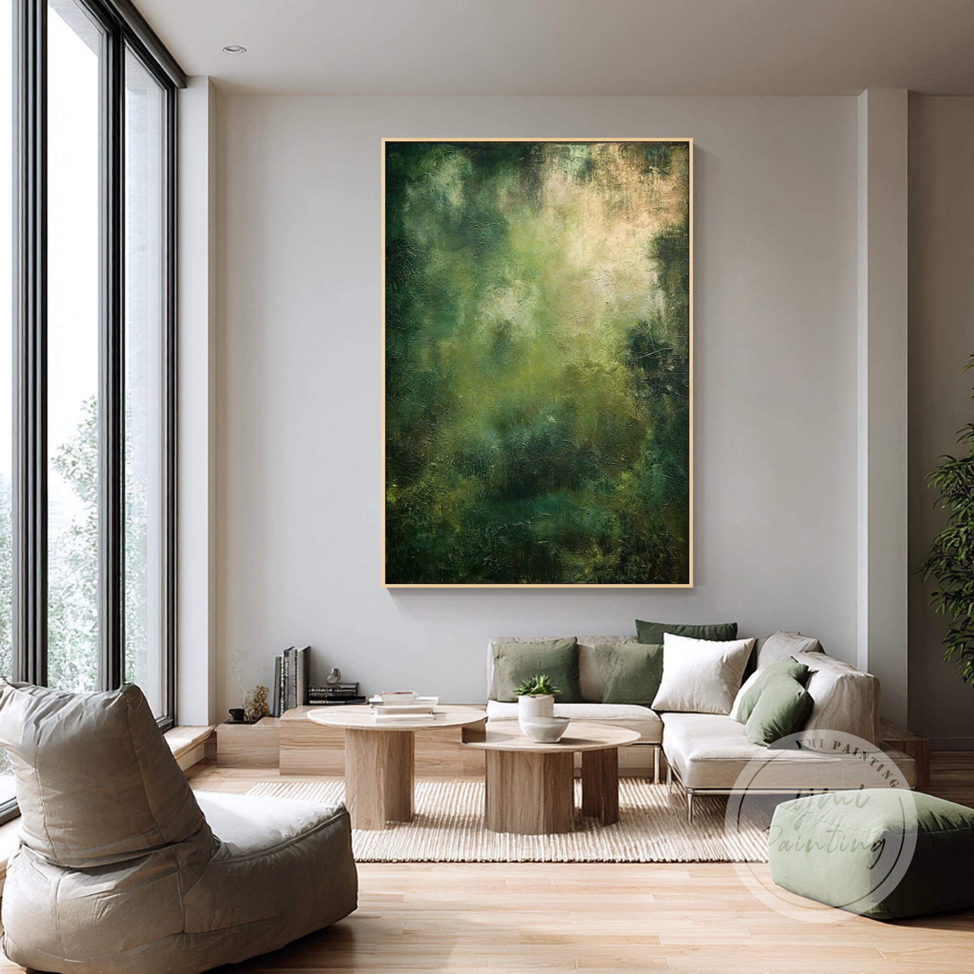 pintura abstrata verde texturada numa entrada minimalista