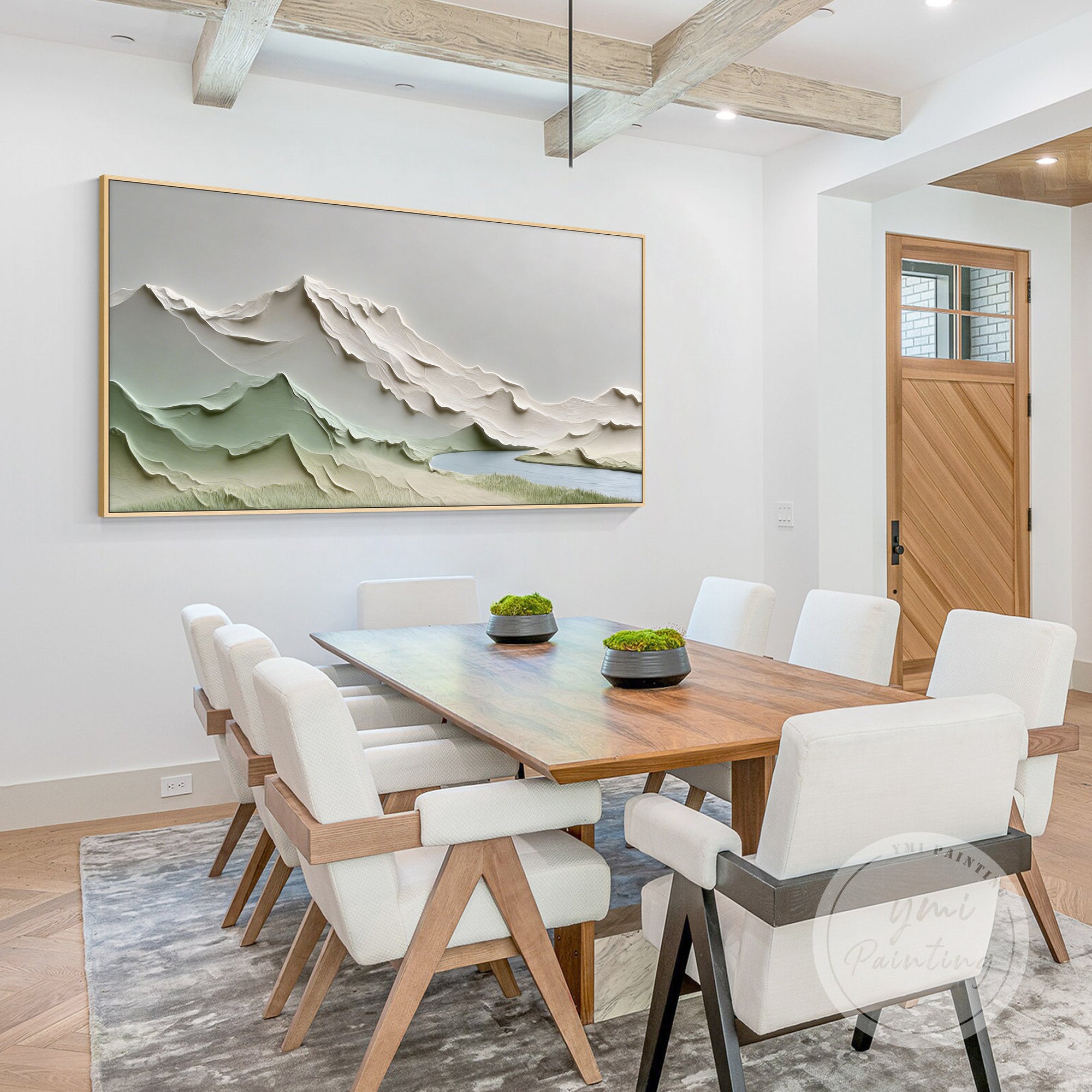 pintura texturizada calmante de montanha em ambiente minimalista de quarto