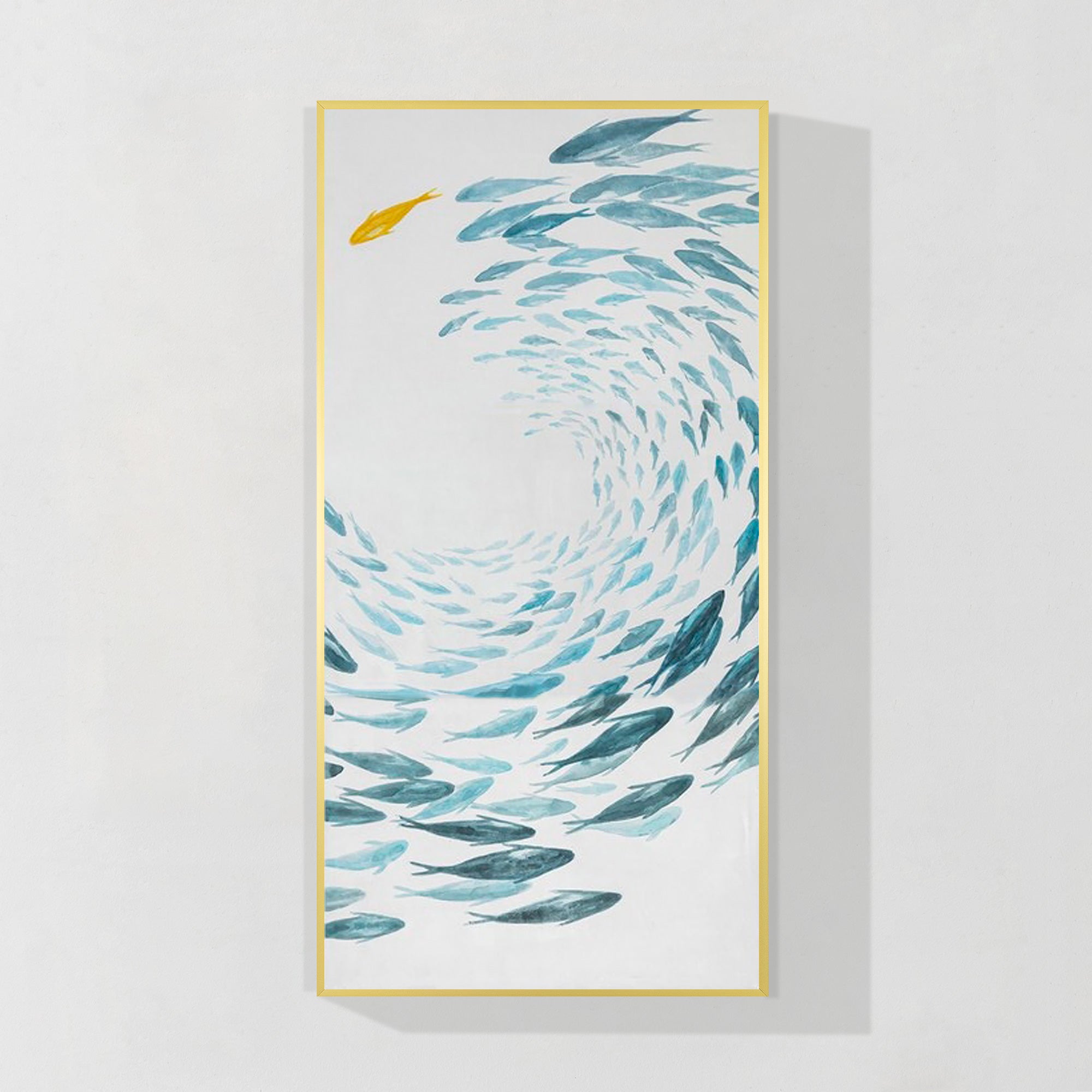 Vertical school of fish painting blue watercolor ocean wall art