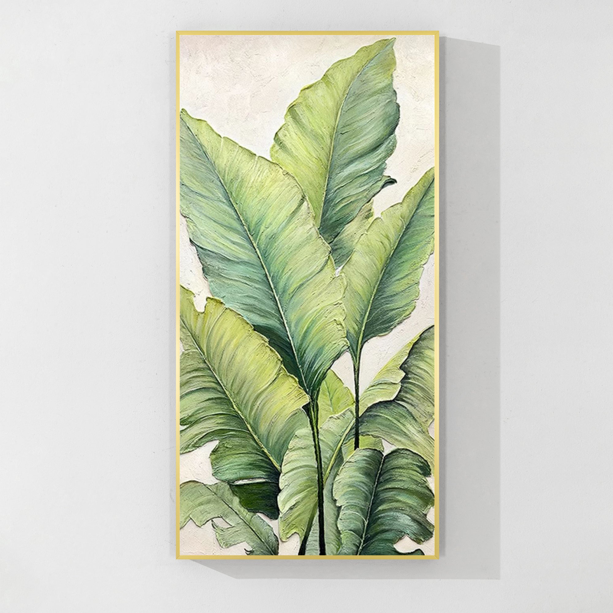 Large framed leaf canvas with soft neutral tones and abstract foliage shapes.