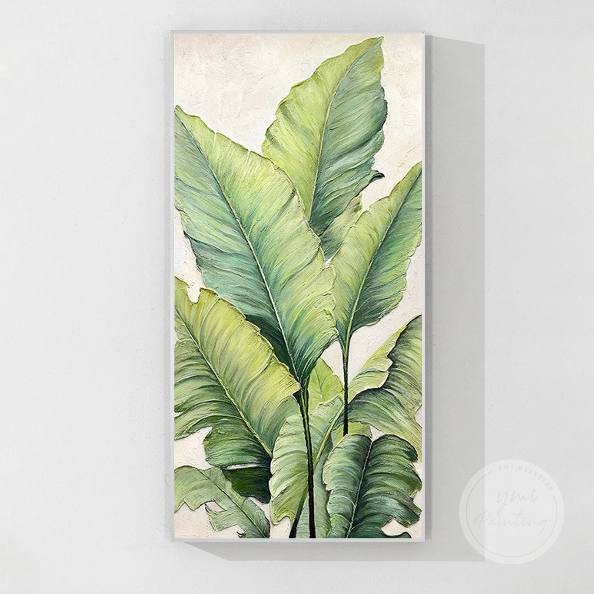 Elegant wall decor with soft green leaves and dimensional texture.