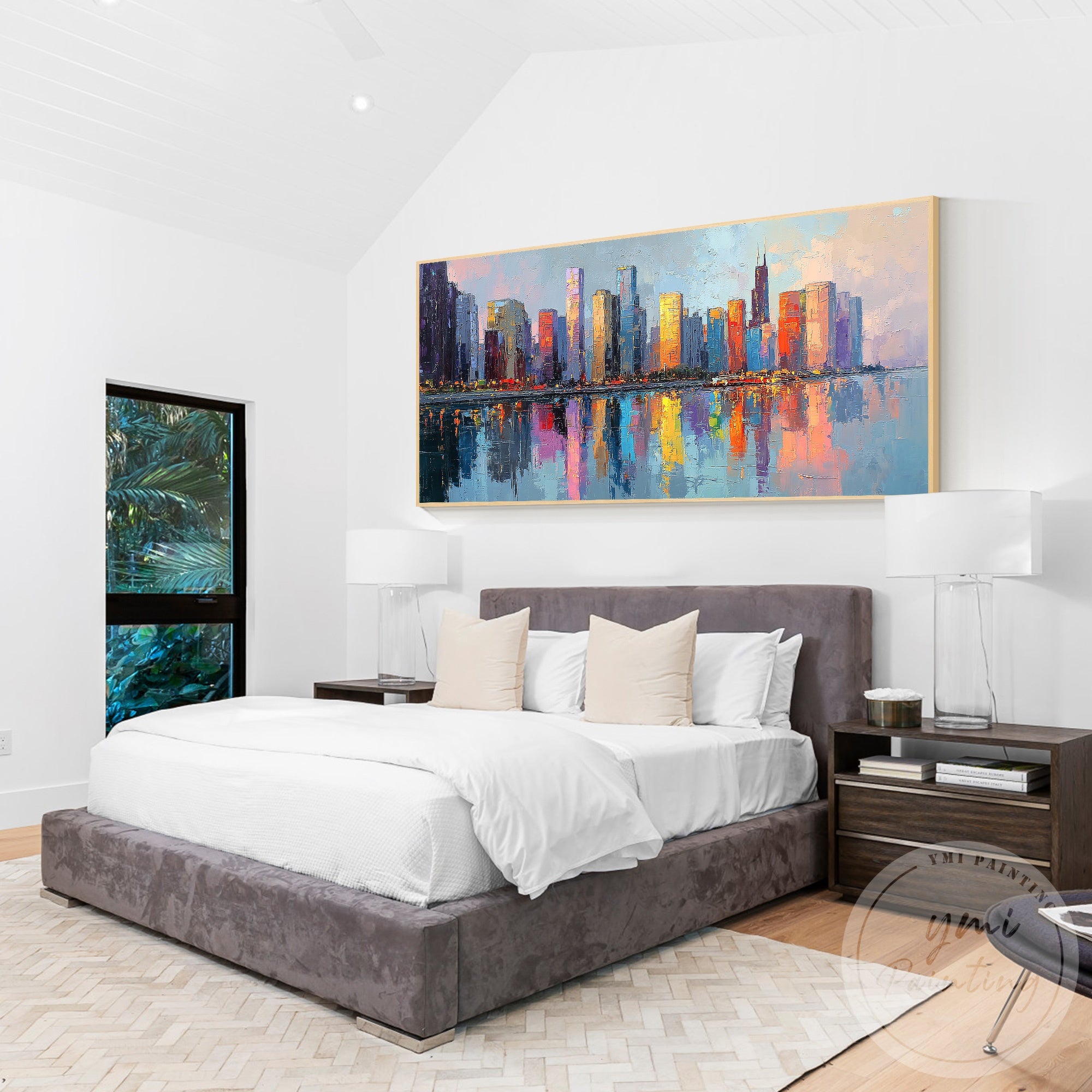 Large colorful Chicago city wall art modern skyline decor