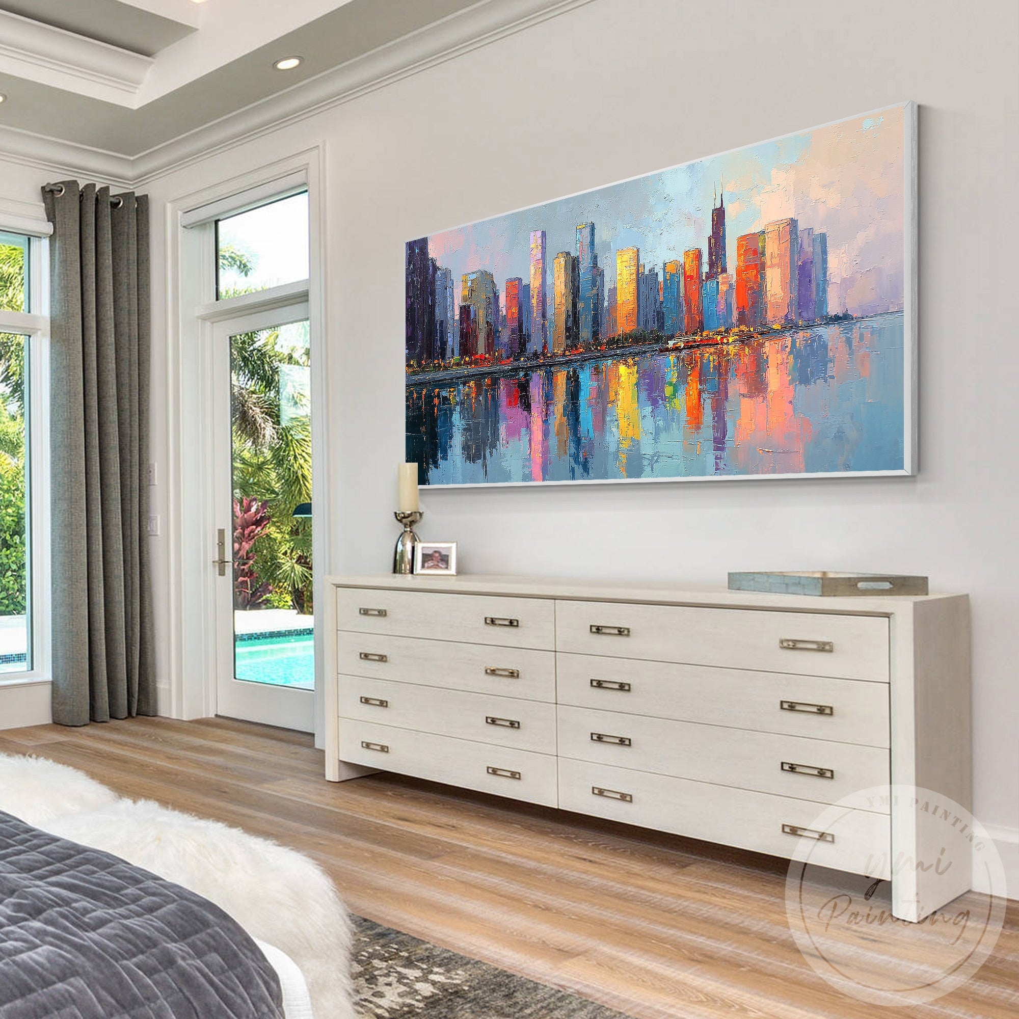 Abstract textured Chicago skyline acrylic painting canvas