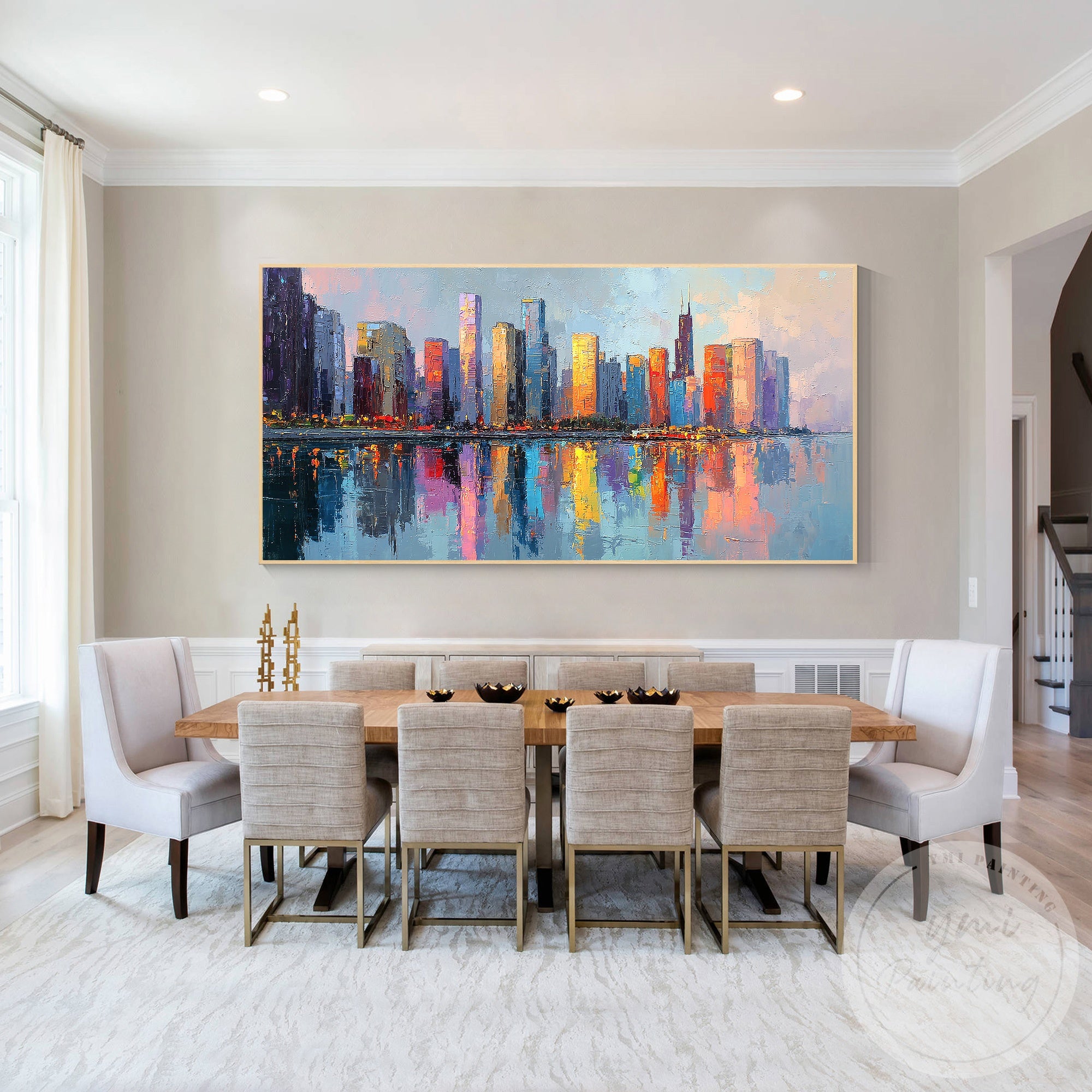Modern vibrant skyline painting Chicago urban wall art design