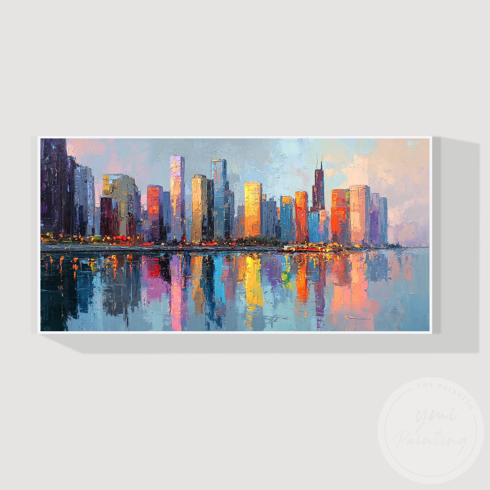 Contemporary Chicago skyline acrylic painting for office wall art