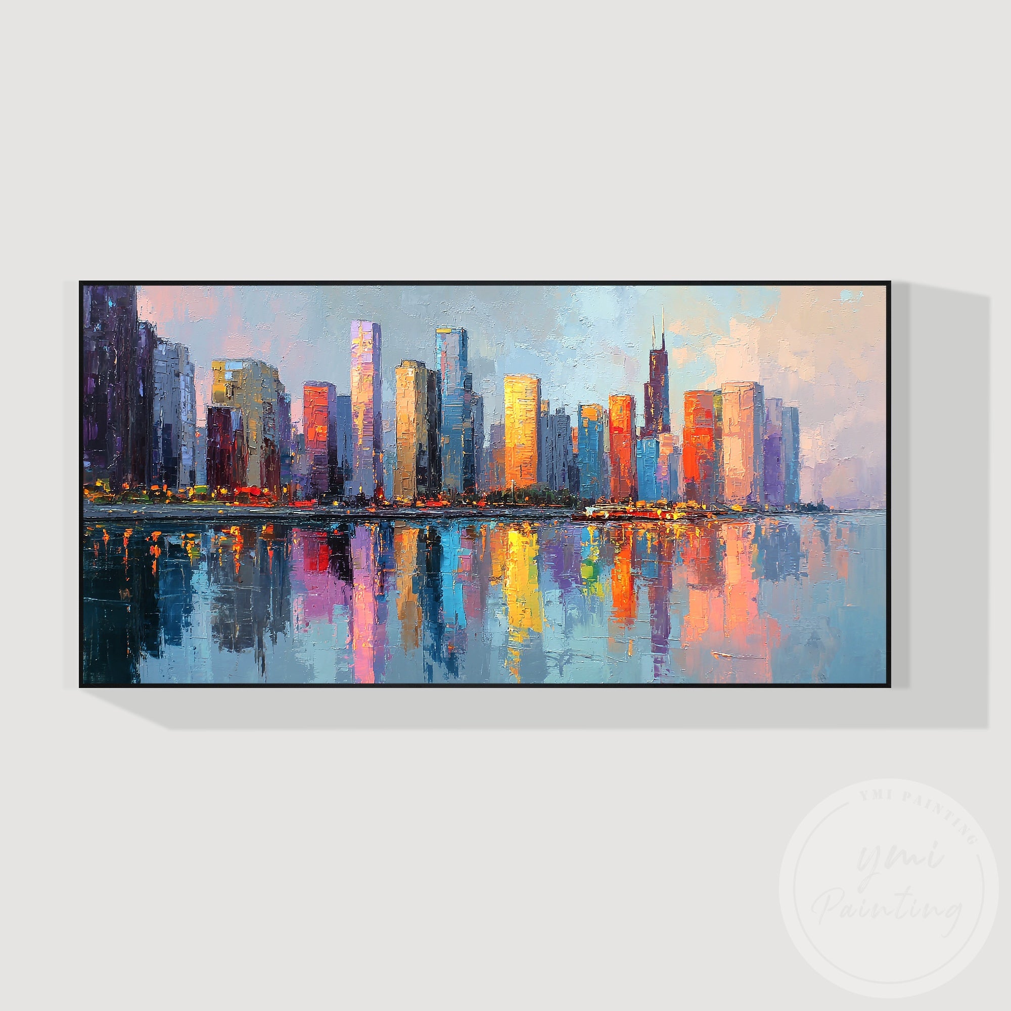 Expressive Chicago skyline wall art horizontal canvas design
