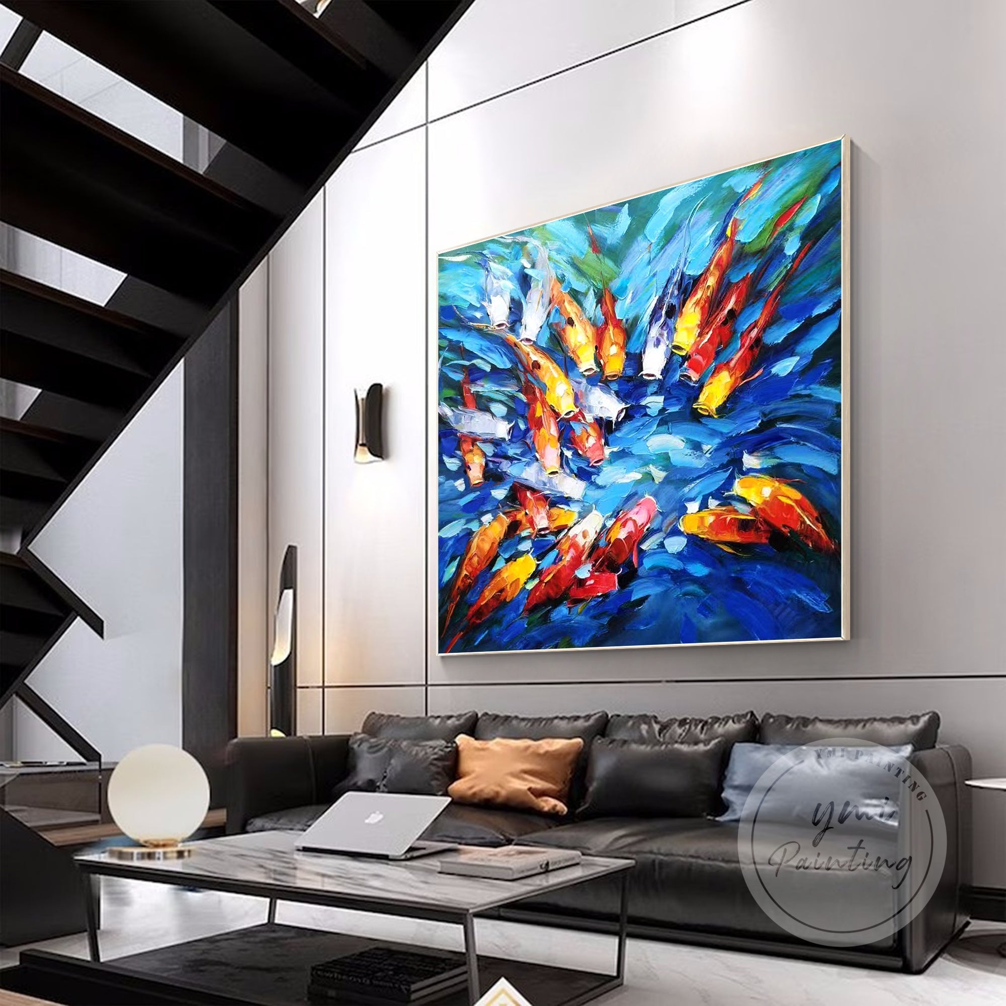 Abstract koi fish oil painting with deep blues and fiery reds, representing movement and energy.