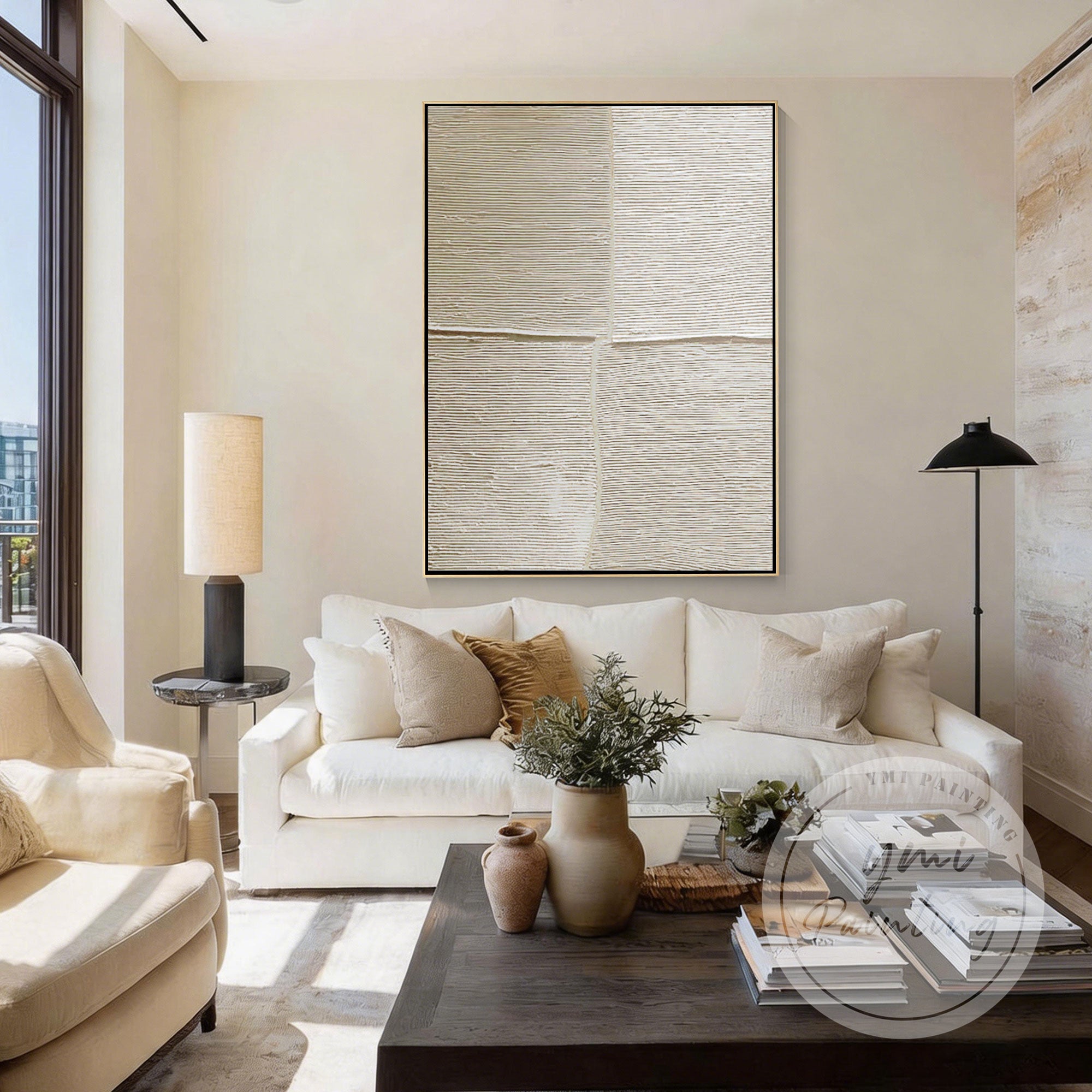 Soft beige abstract line painting on canvas close-up