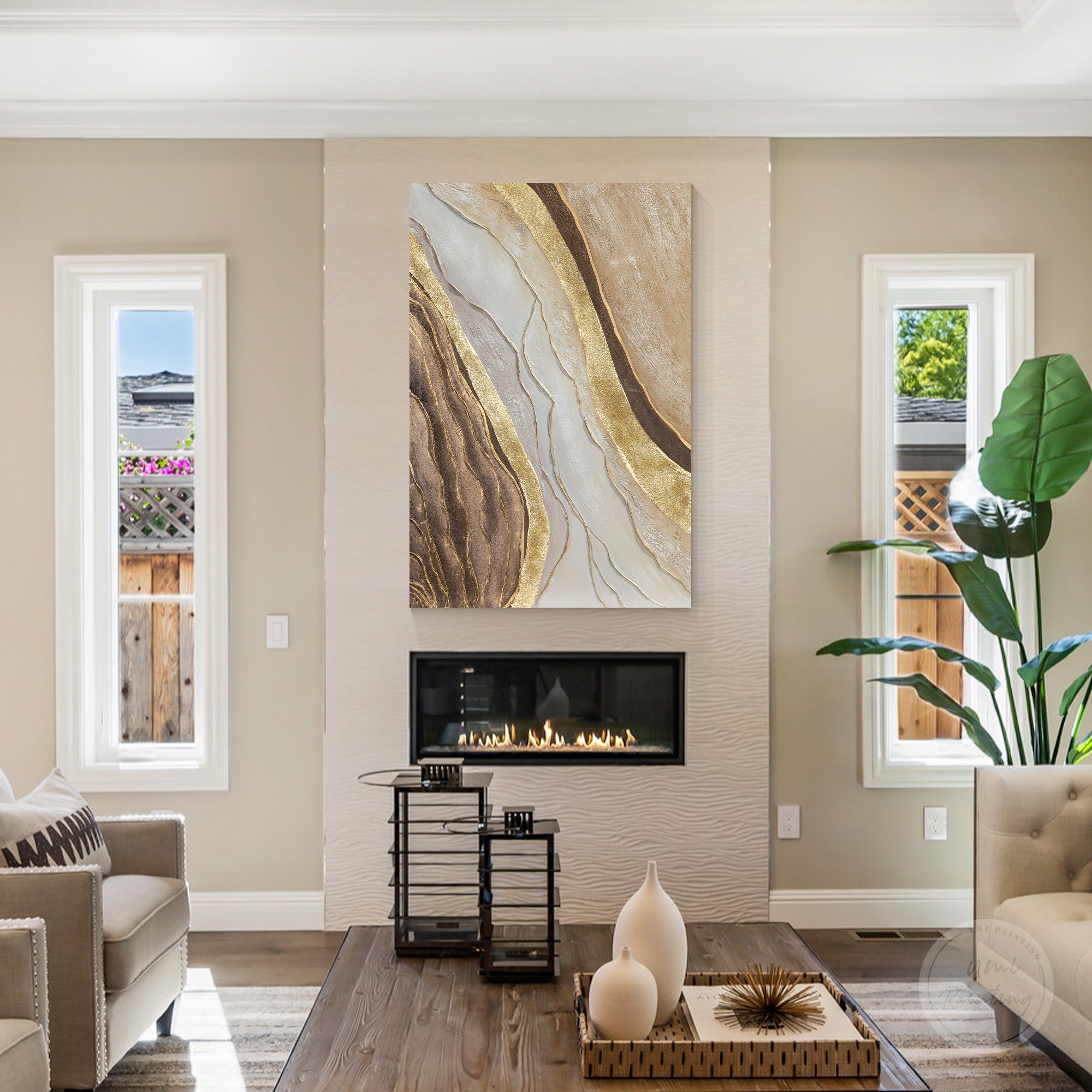 Contemporary wabi sabi artwork with neutral tones and layered textures creating a calm modern atmosphere