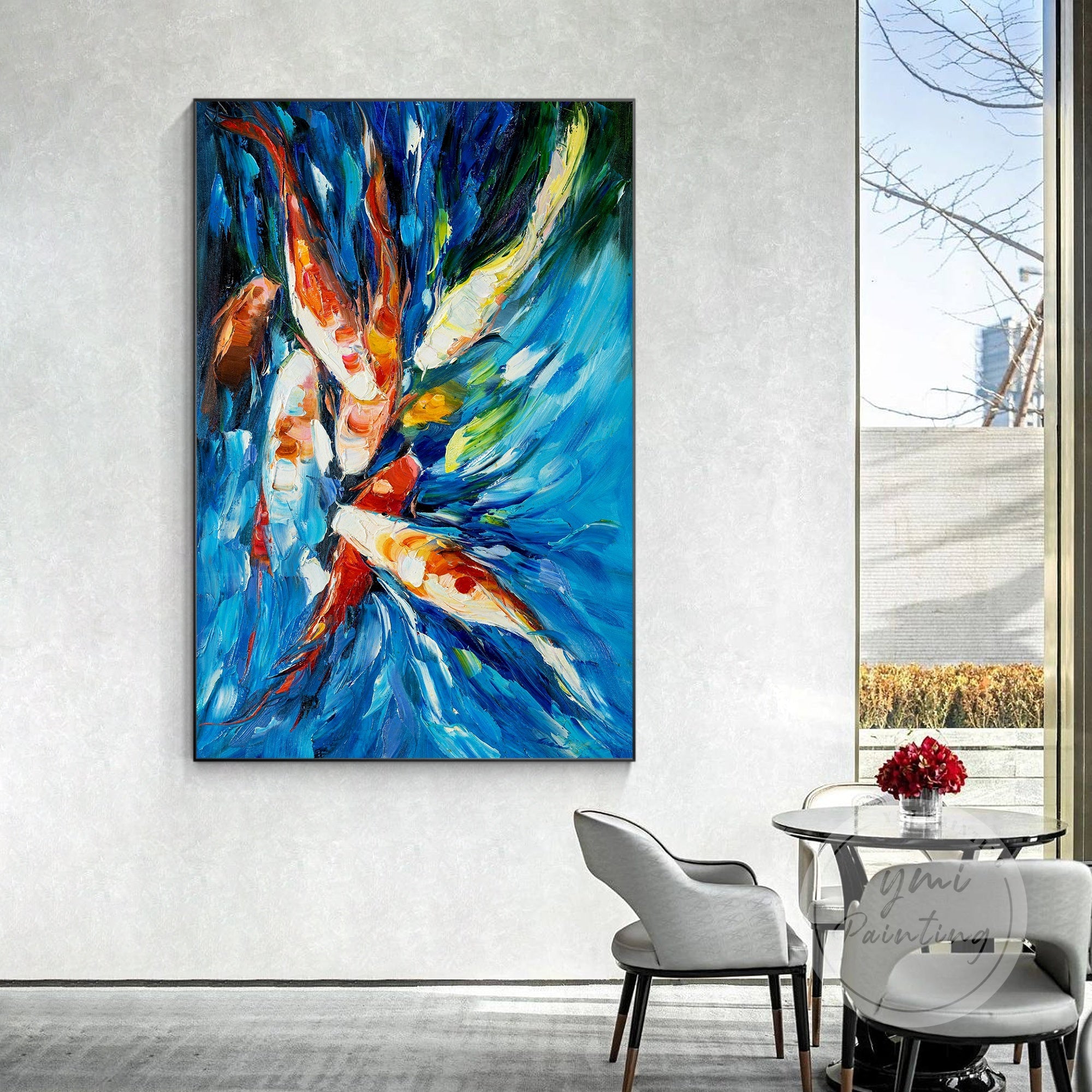 Colorful koi fish painting on canvas, modern handmade home decor for living rooms or offices.
