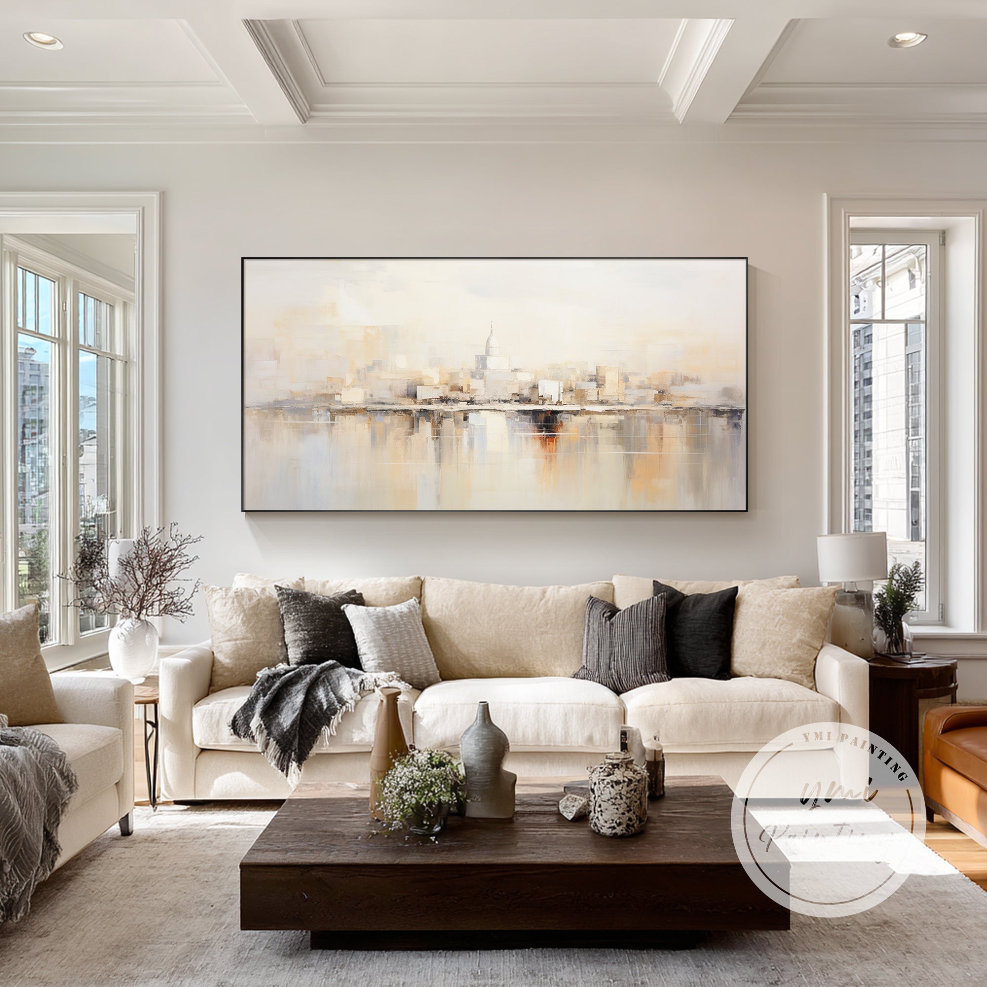 Washington DC skyline abstract painting in neutral tones above sofa wall decor