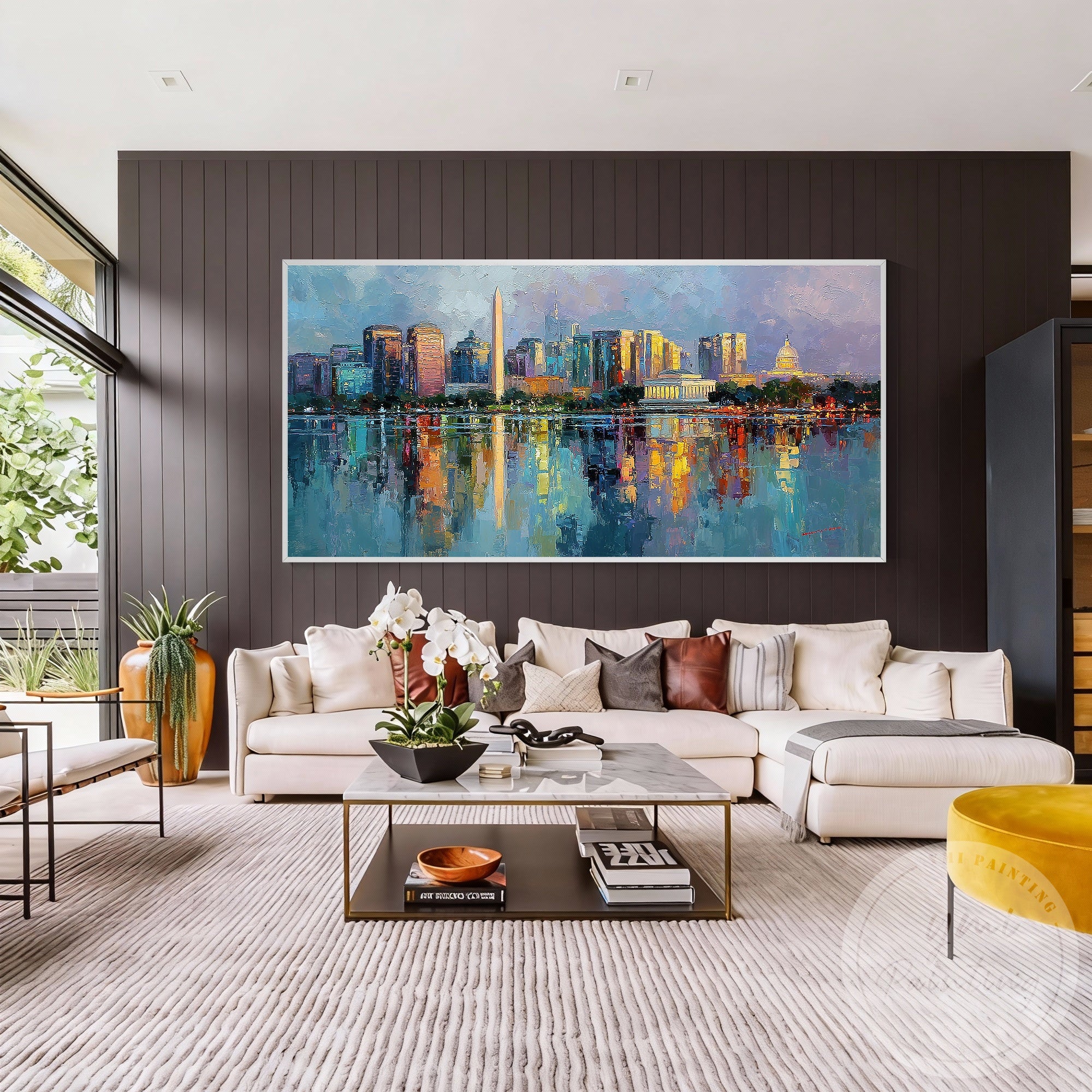 Contemporary cityscape painting DC skyline reflective water