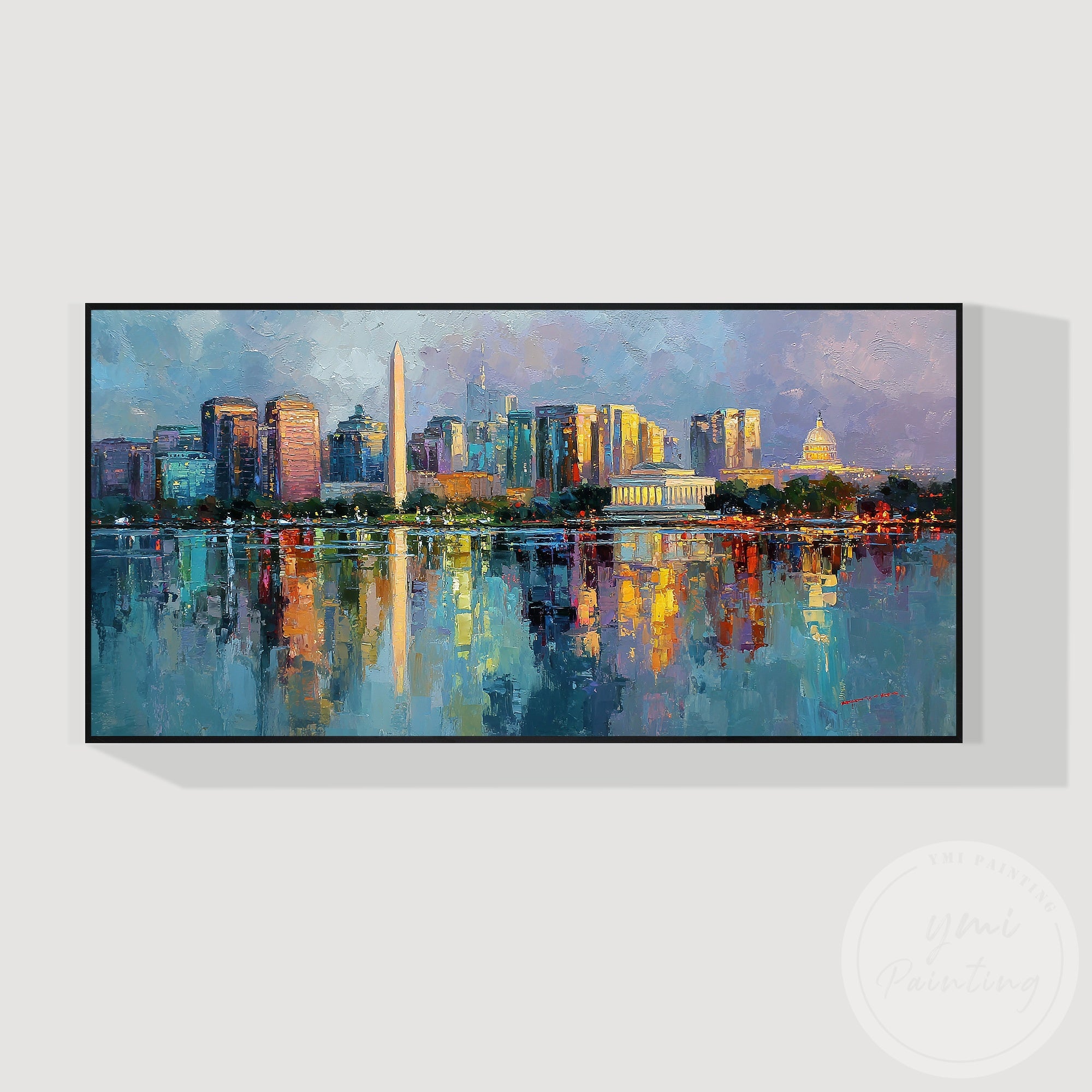 Modern waterfront city painting Washington DC skyline design