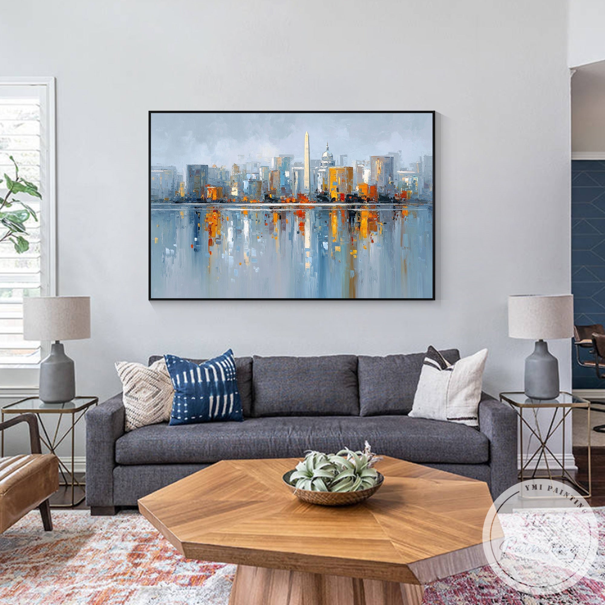 Horizontal Washington DC skyline canvas painting for office decor