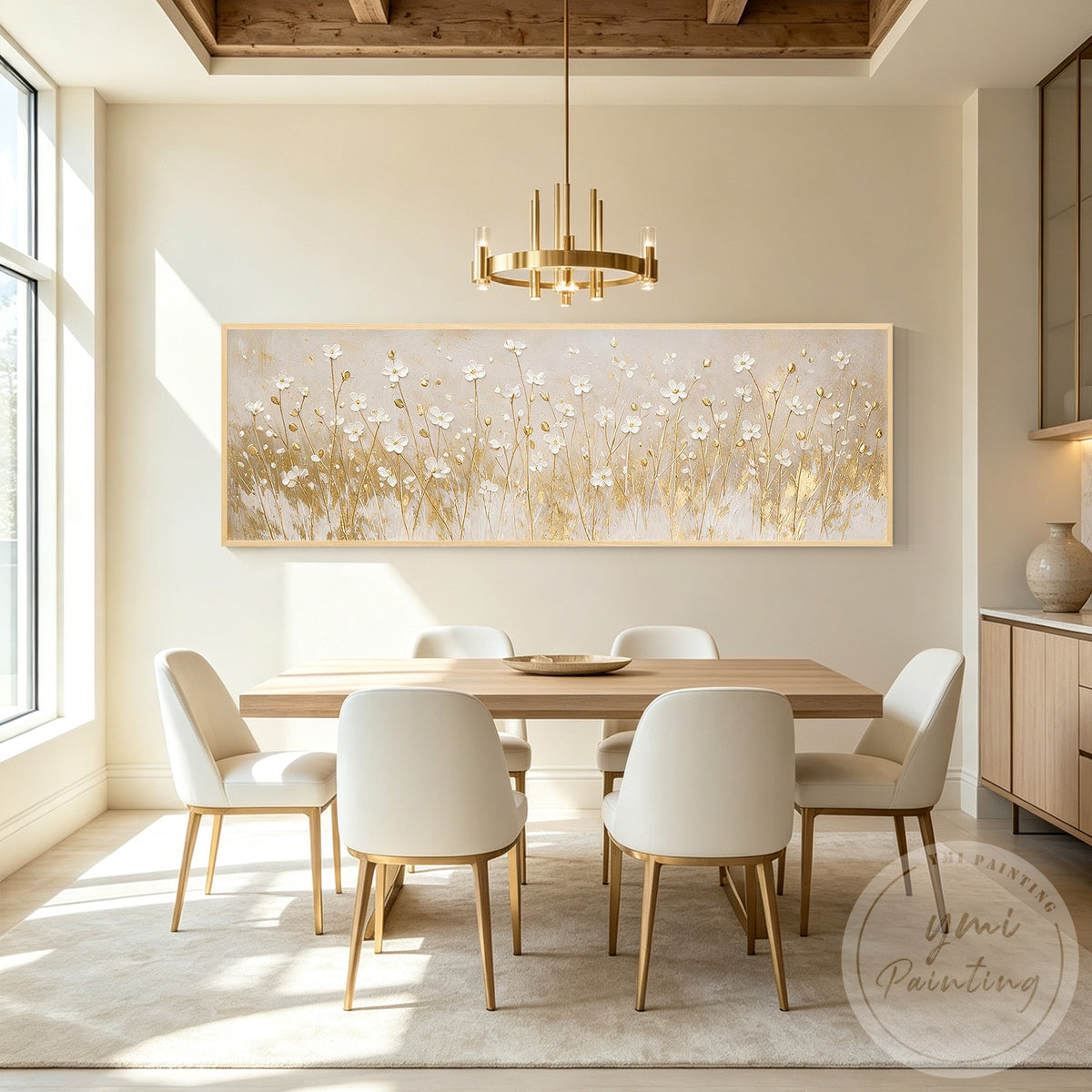 Textured white and gold flower painting on canvas for modern interiors