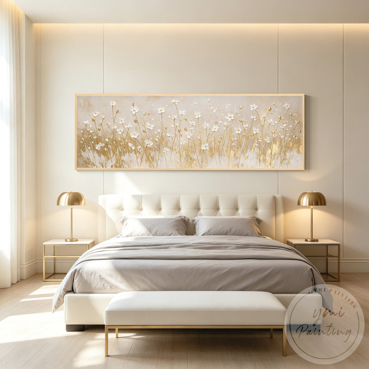 White and gold textured flower artwork for bedroom wall decor