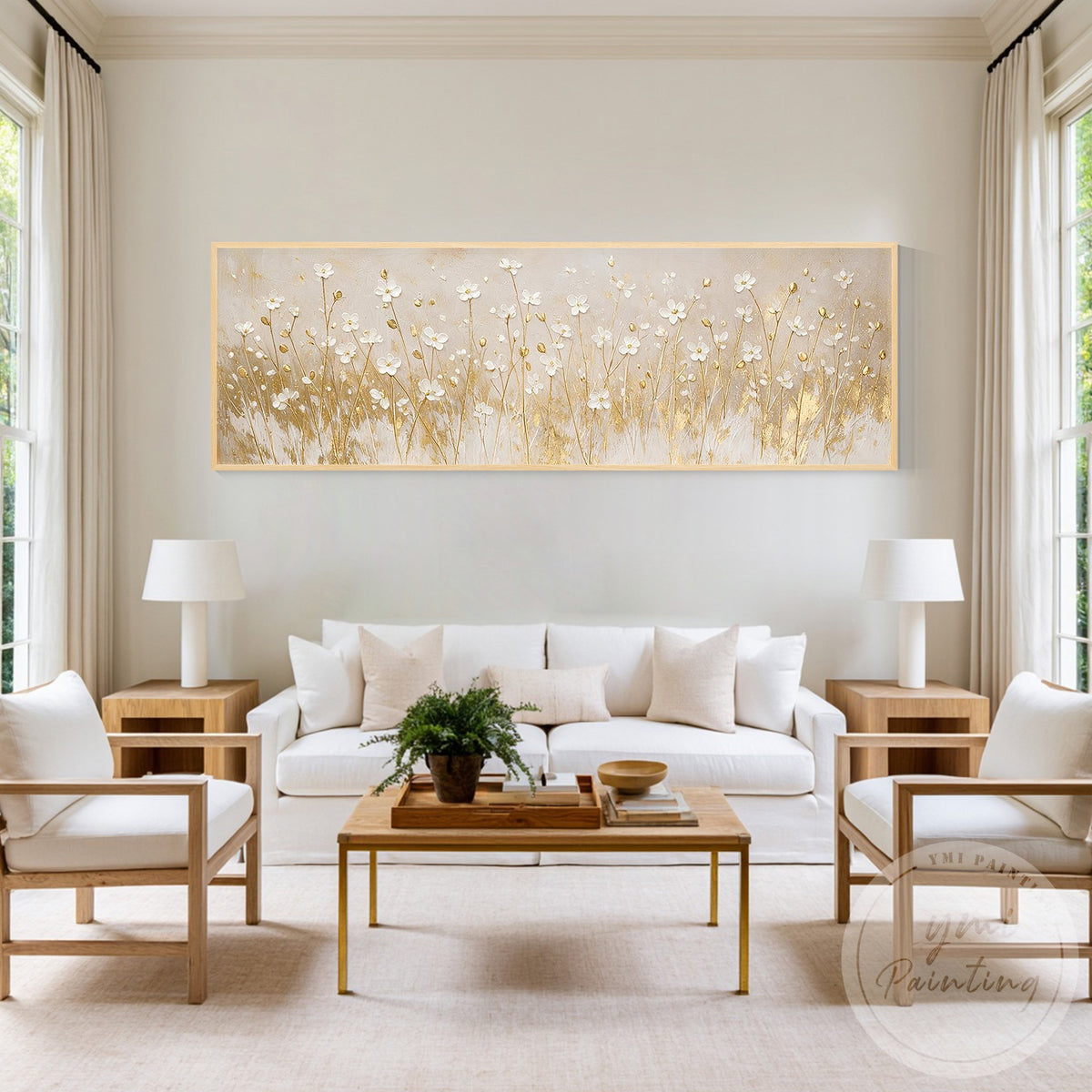 Modern floral canvas painting in white, ivory, and gold tones
