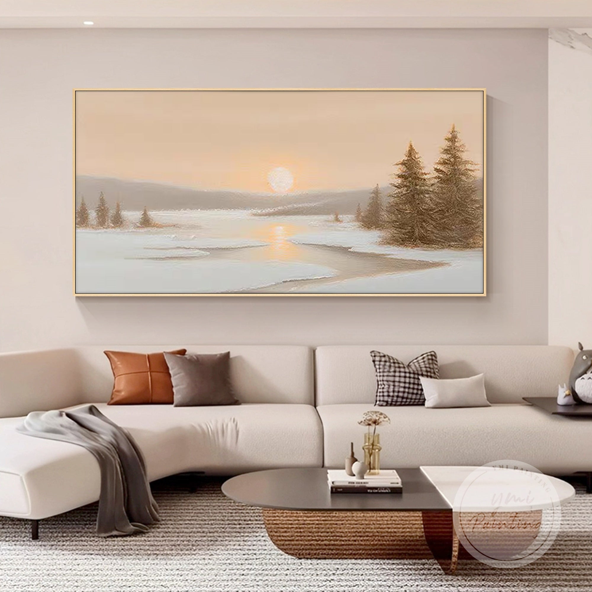 Hand painted sunrise scene with tree and river as living room wall decor