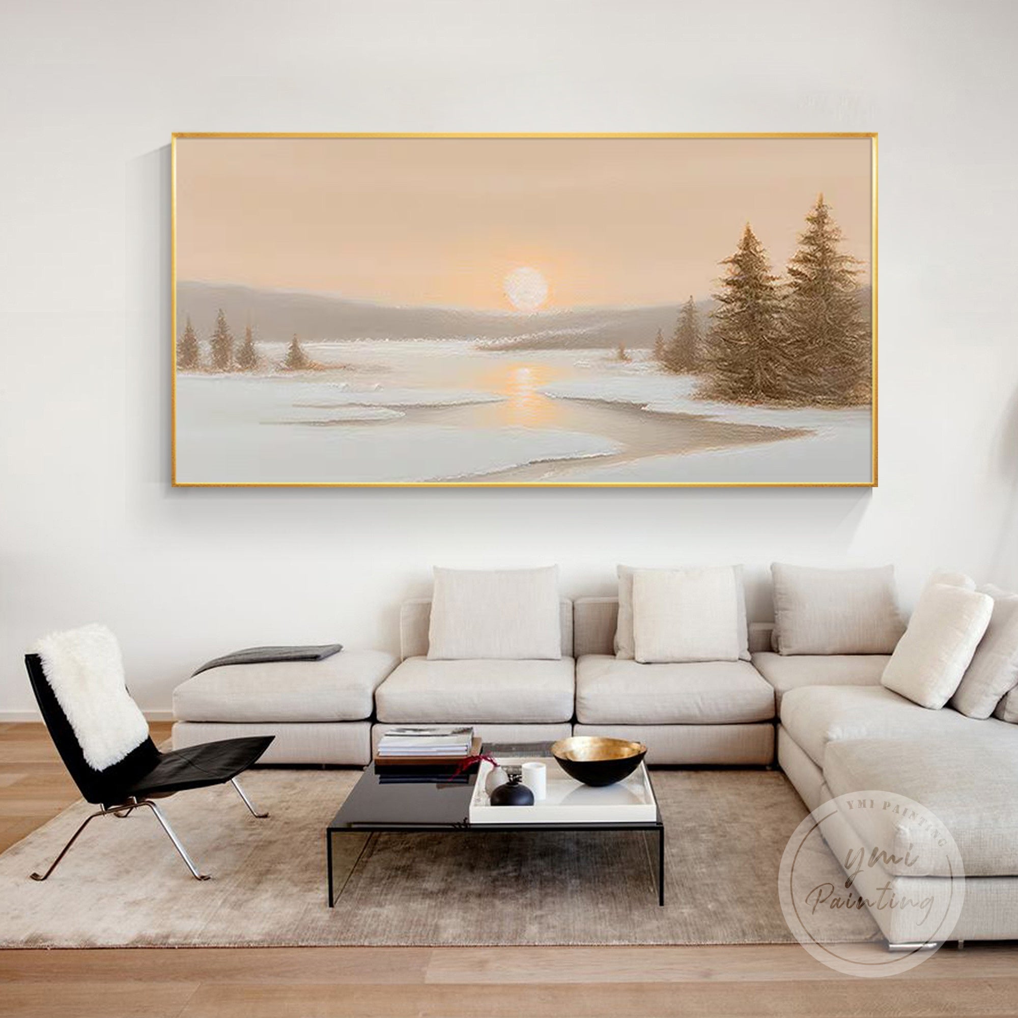 Hand painted sunrise tree and river wall art displayed in a modern living room