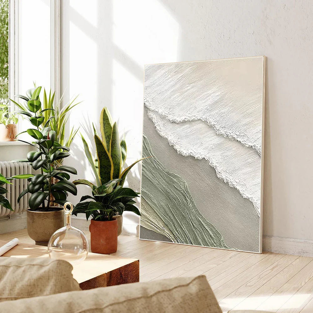 Blue and sage green ocean wave abstract seascape painting on canvas for coastal living room wall decor