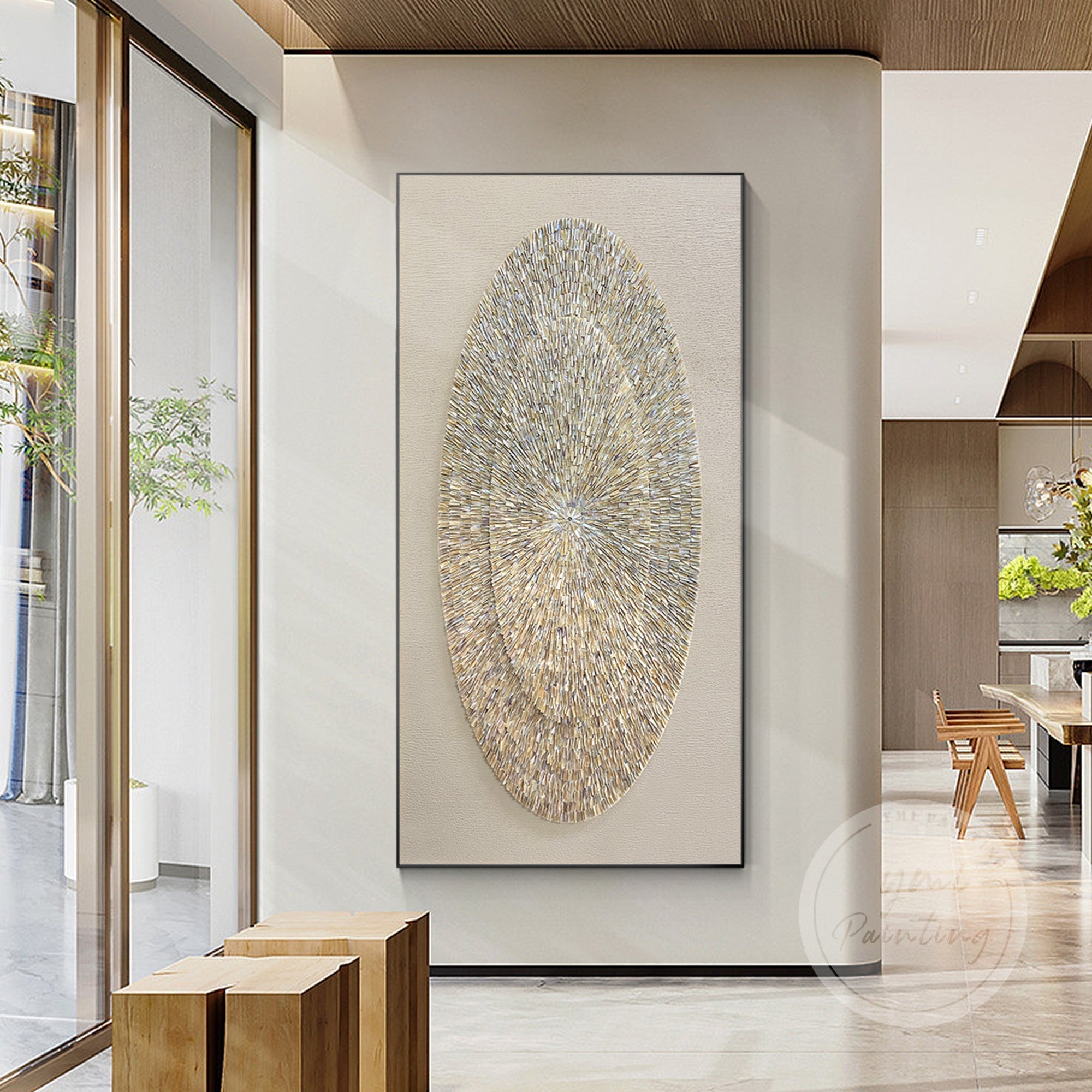 large beige shell art for entryway decor