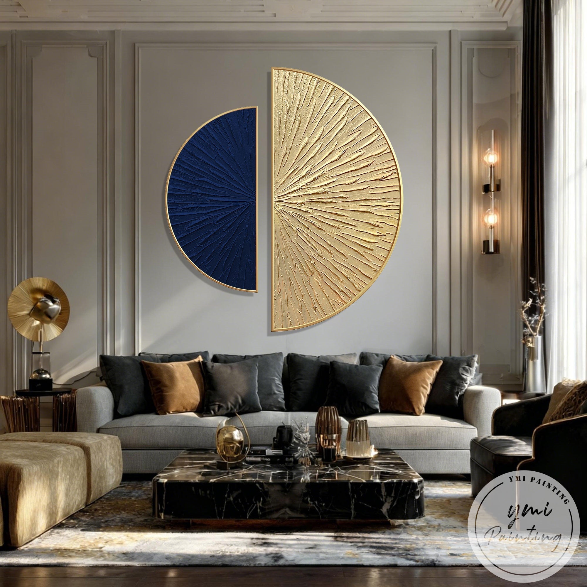 abstract gold and blue wall art