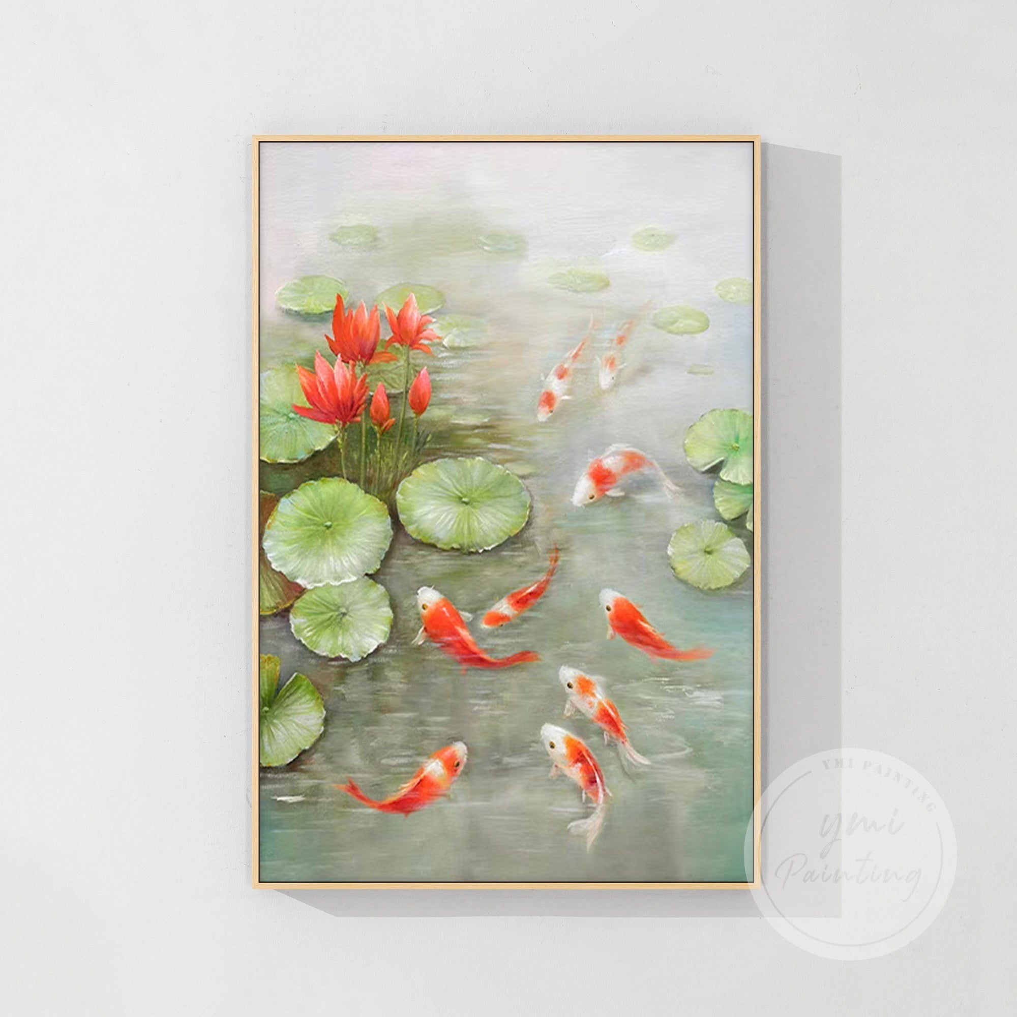 Textured Koi Fish Canvas with nine symbolic fish and lotus blossoms, ideal for creating a vibrant, balanced environment.