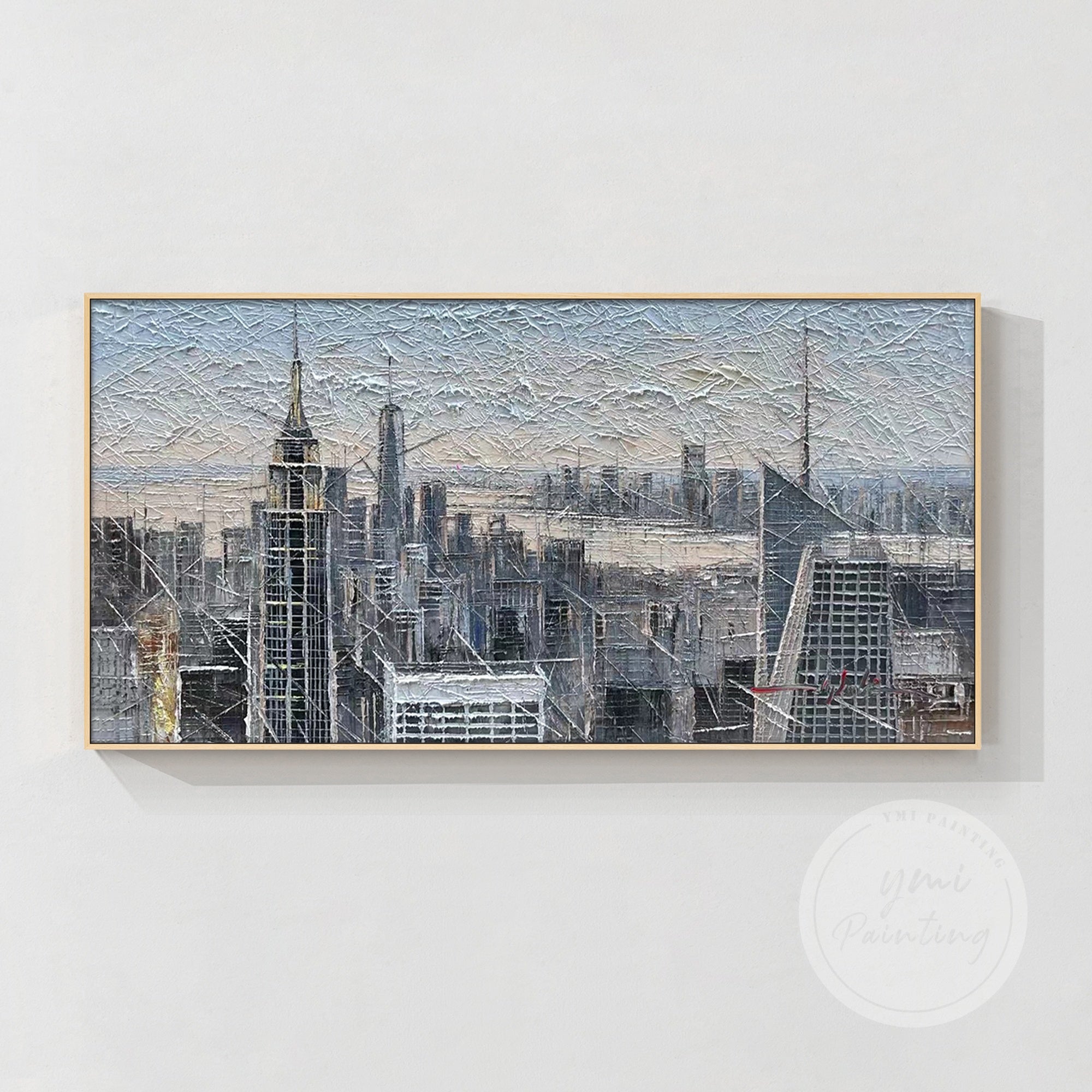 Contemporary New York oil painting, textured and abstract, designed to evoke the spirit of the city with rich colors and intricate details.
