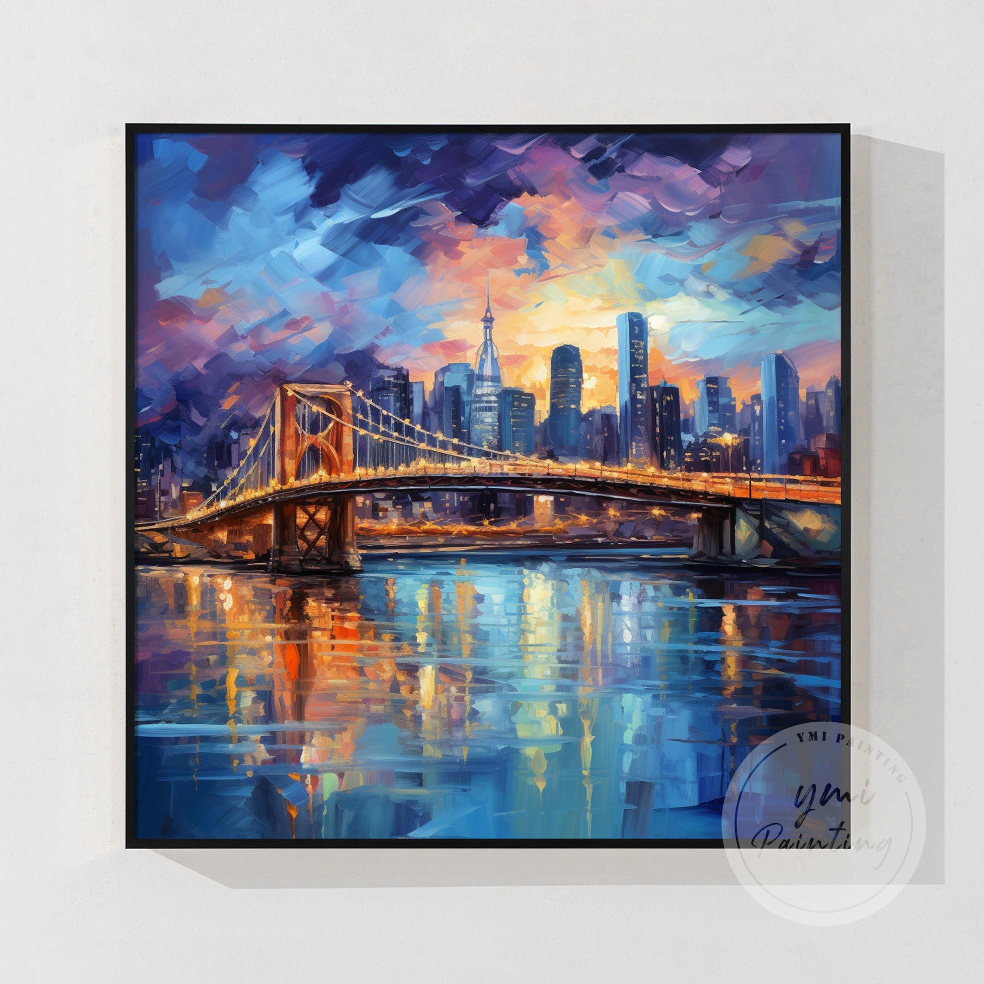 Abstract Toronto cityscape painting, capturing the essence of the city at night with dramatic navy and gold shades.
