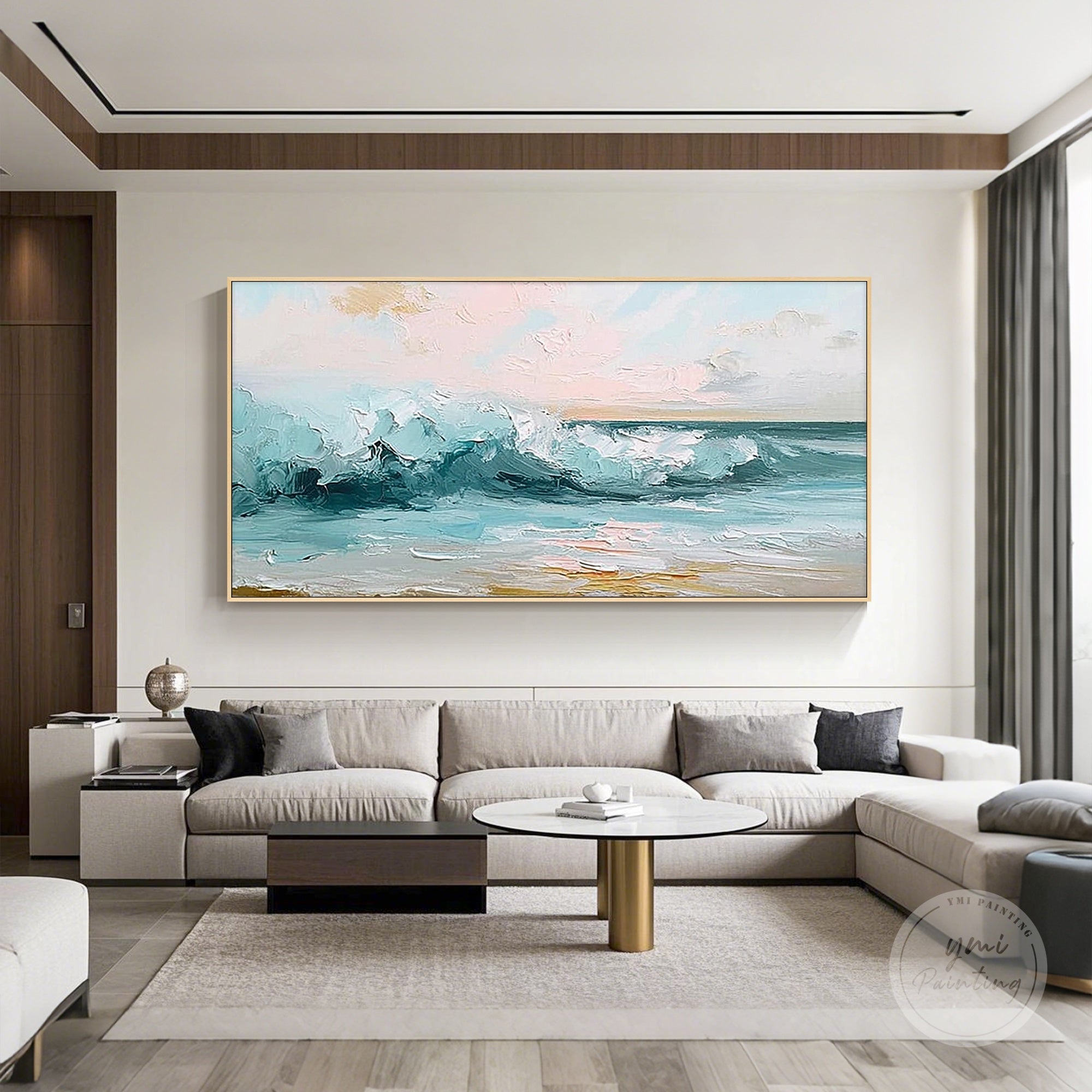 Abstract ocean wave painting with dynamic textures and deep blue tones.