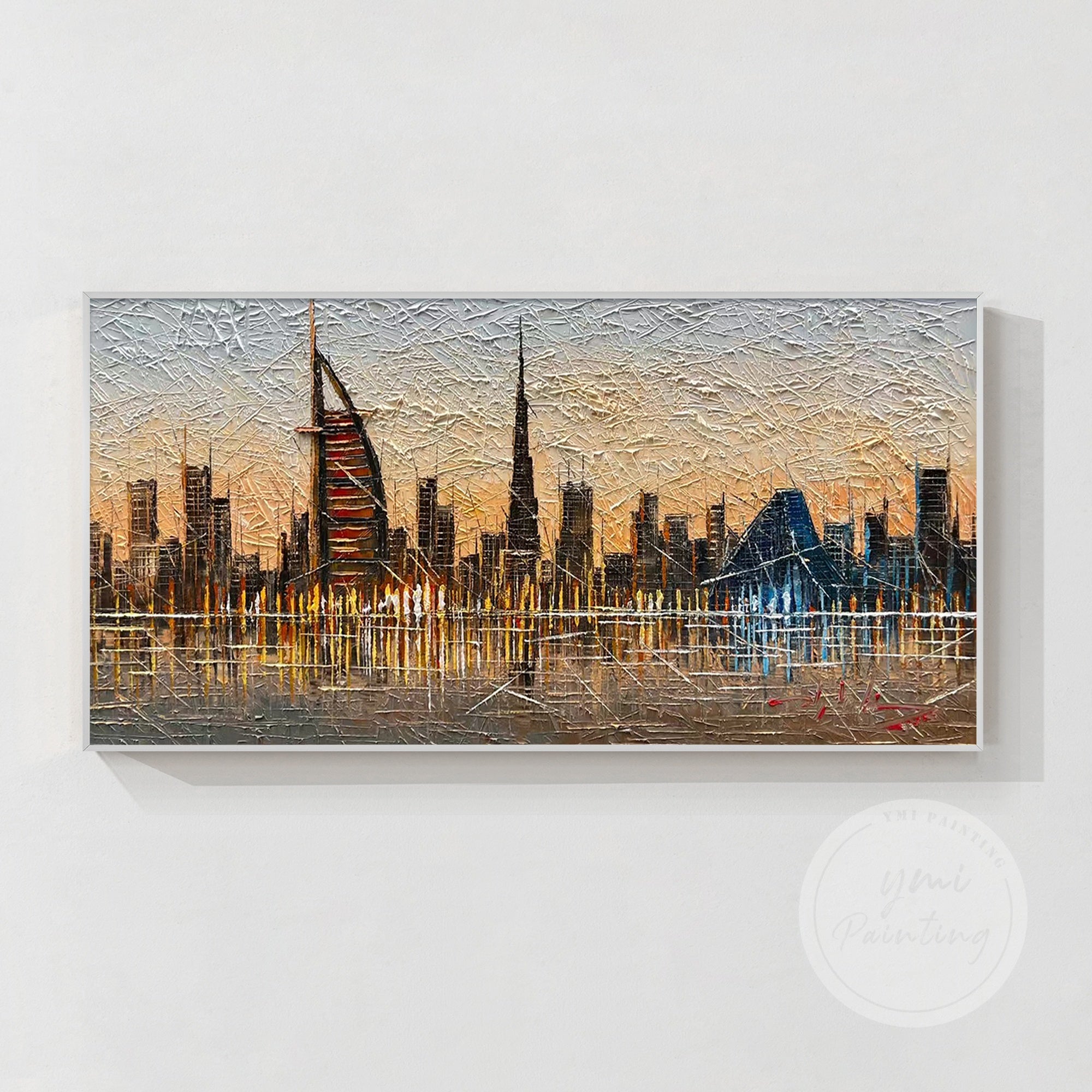 Large, textured Dubai art featuring the skyline with Burj Khalifa and Al Fahidi Tower, ideal for adding depth and dimension to your office or living room decor.