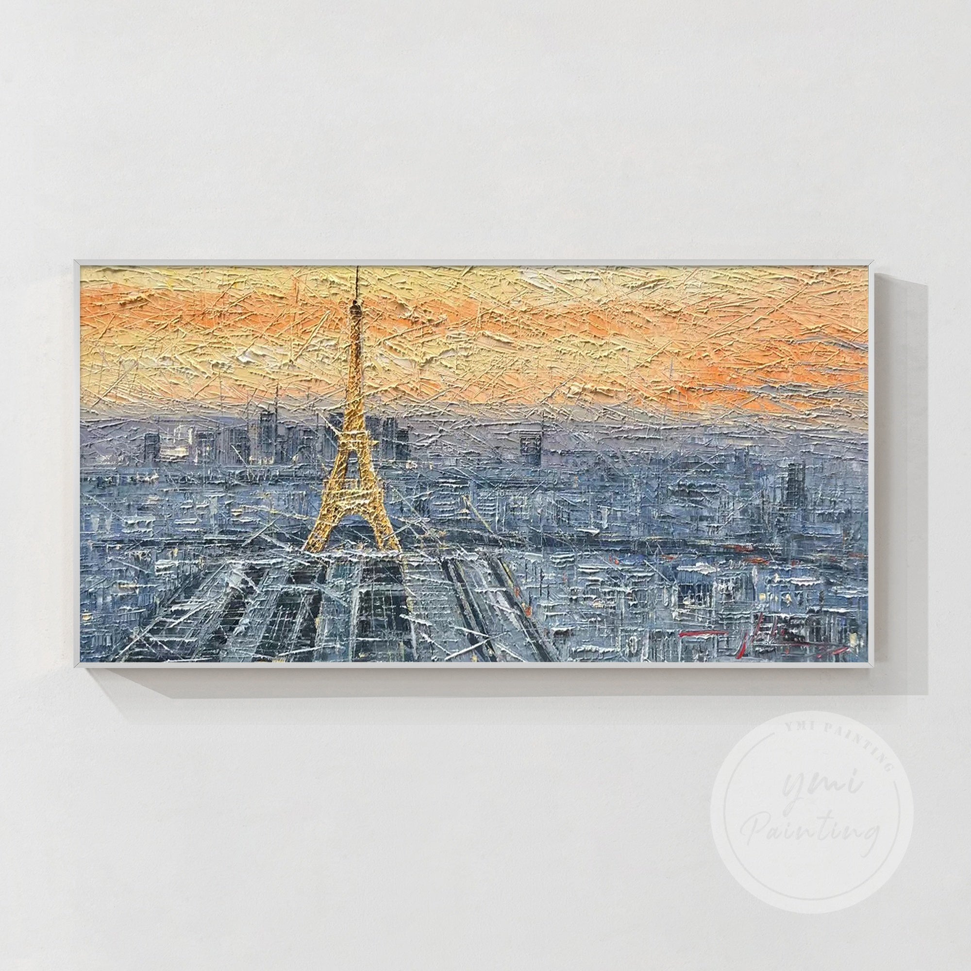 A captivating Paris painting of the Eiffel Tower during sunrise, blending rich colors and textures to evoke the beauty and charm of Paris.